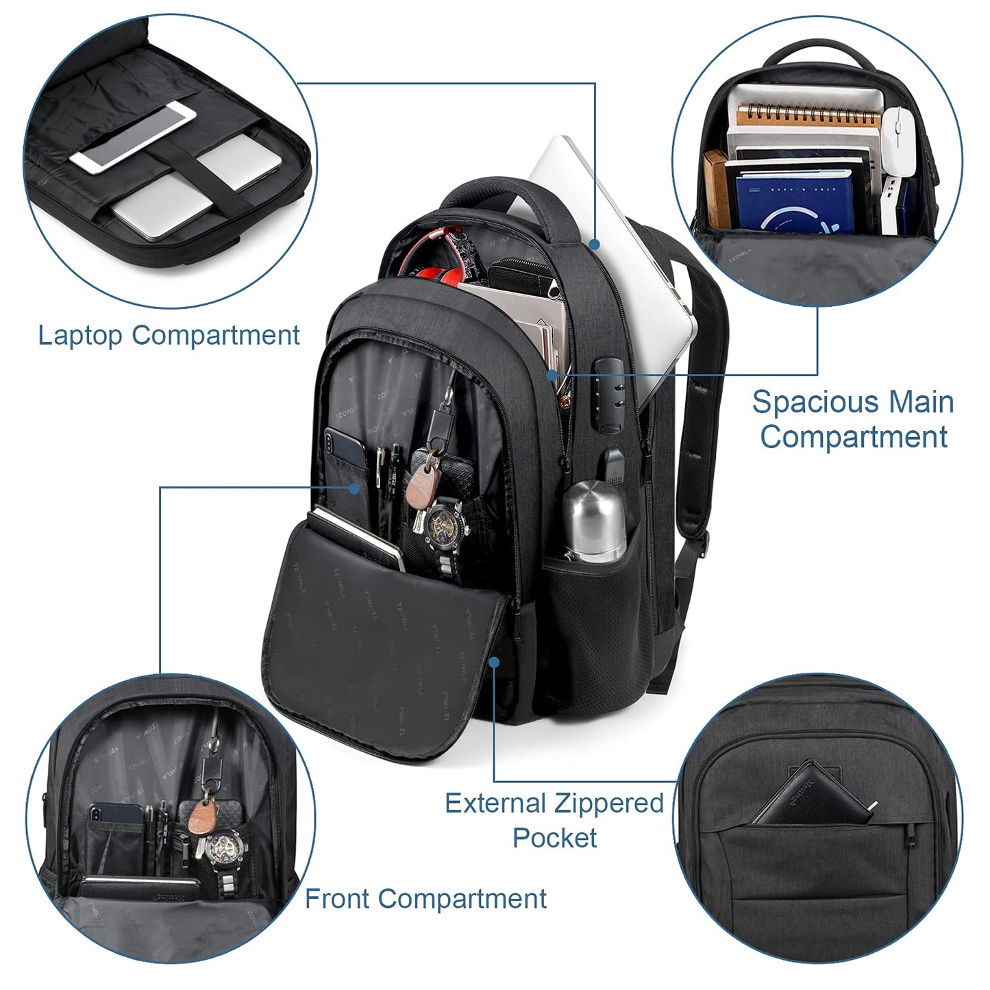 Tzowla Travel Laptop Backpack,Durable Water Resistant Anti-Theft 42L Extra Large 15.6 Inch with USB Charging Port and Lock Fit Computer Business Bookbag for Women Men College School Gift-Black
