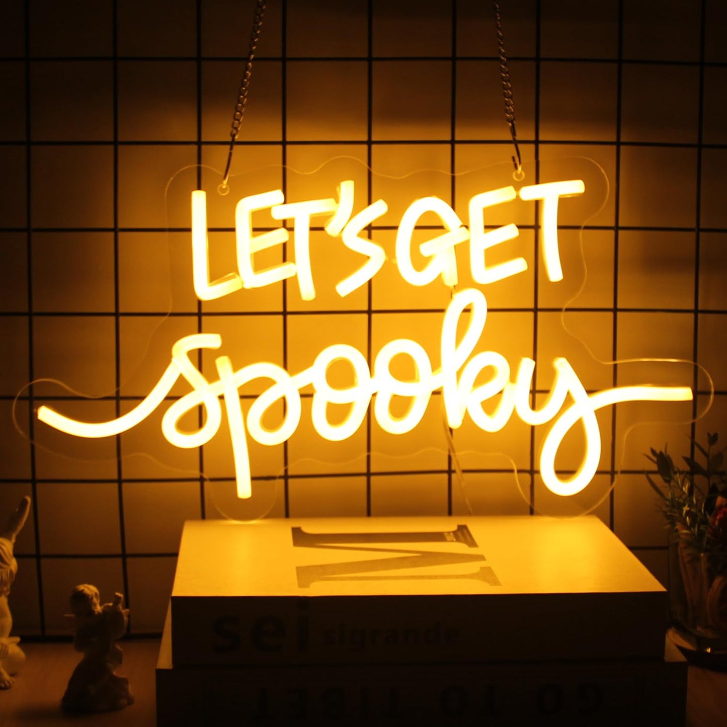 Let's Get Spooky Neon Signs Halloween Neon Sign Yellow Letter LED Neon Light Signs Spooky Neon Wall Sign Quote LED Sign Neon Lights for Wall Bedroom Bar Man Cave Party Halloween Room Decor