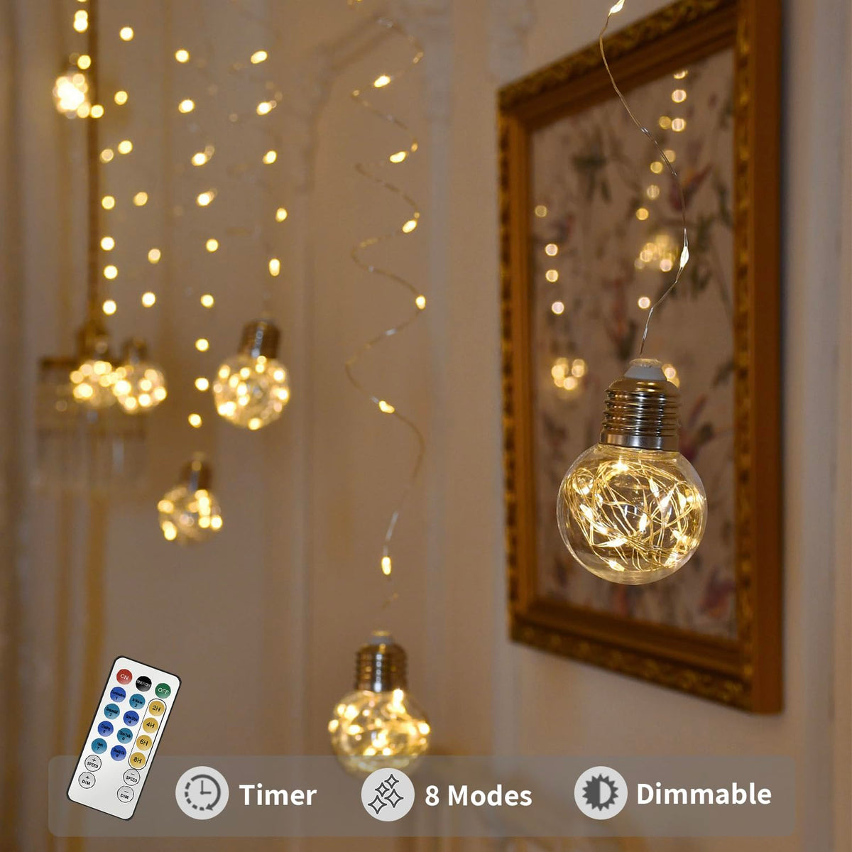 YOLIGHT Wishing Ball Curtain Lights 200 LED Window Curtain String Lights with Remote, USB Battery Powered Twinkle Globe Fairy Lights for Wedding Party Bedroom Christmas Decoration (Warm White)