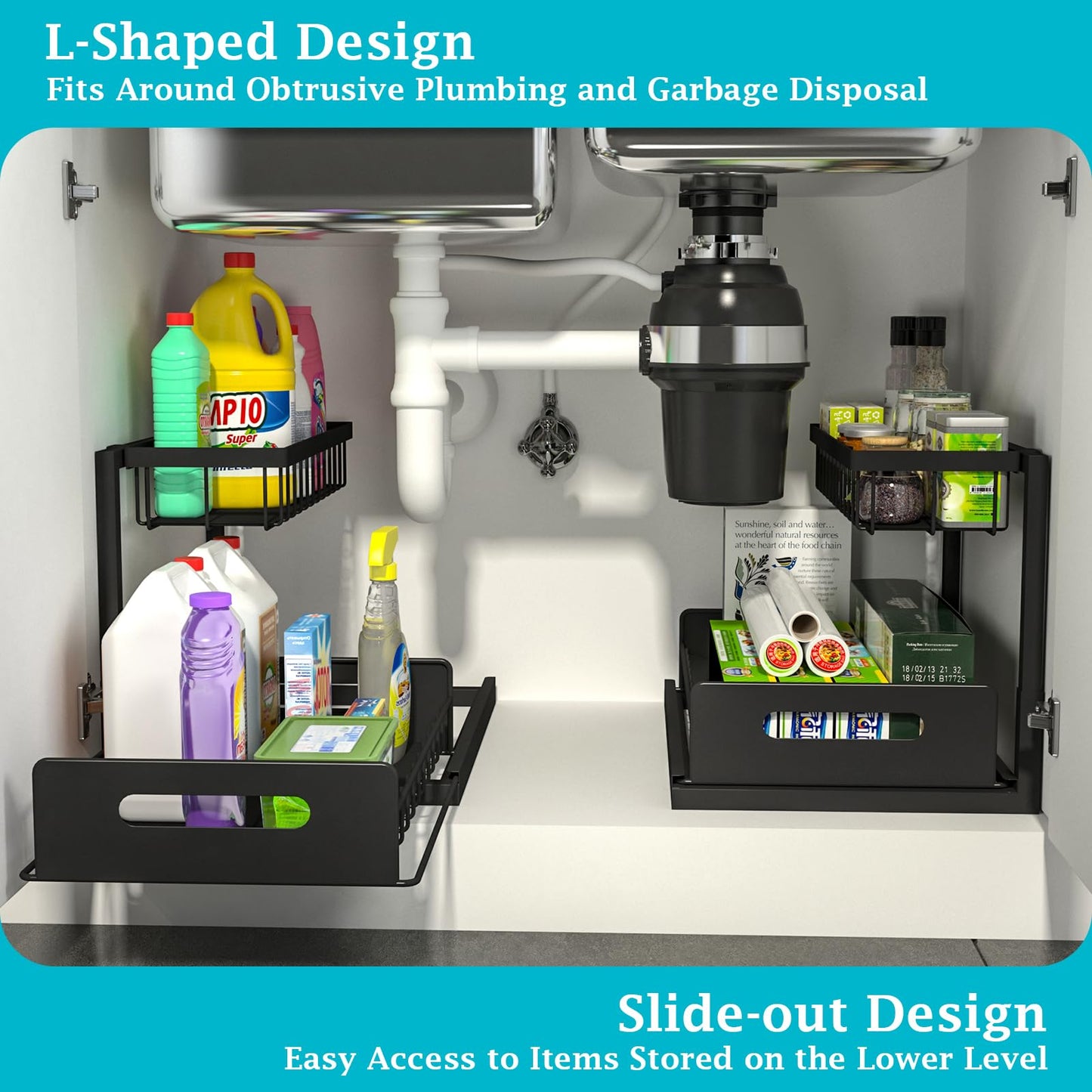 REALINN Under Sink Organizer, Pull Out Cabinet Organizer 2 Tier Slide Out Sink Shelf Cabinet Storage Shelves, Storage for Kitchen Bathroom, White, 2 Pack
