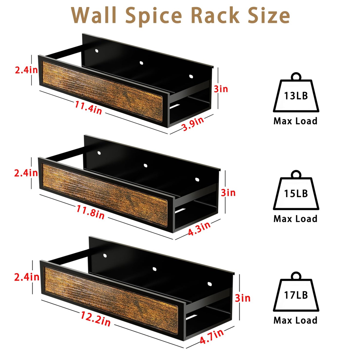 ROURANB Spice Rack Wall Mount for Large Spice Jars, 6 Pack Ironwood Spice Organizer shelf for Rustic, Industrial and Modern Kitchens,Quick Adhesive Strips and Screws for Mounting (Engineered Wood)