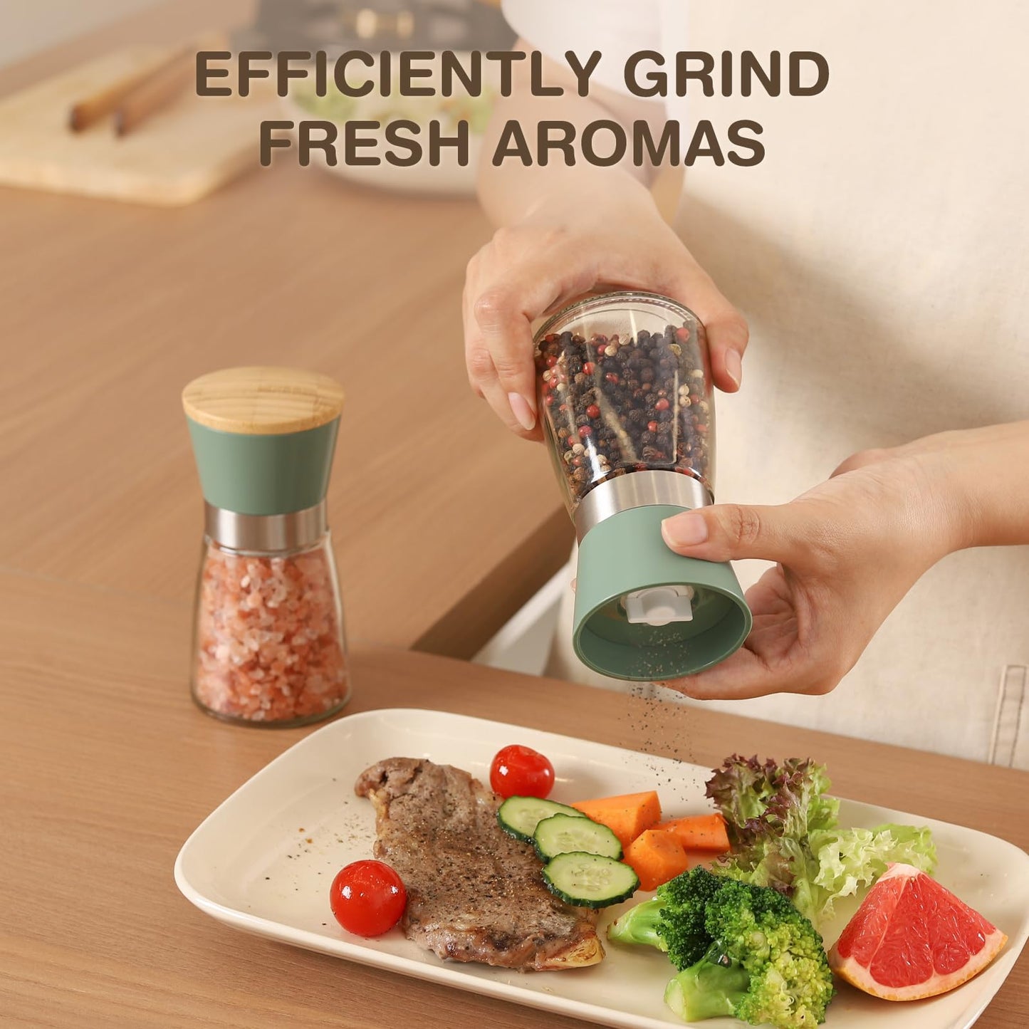 VUCCHINI Salt and Pepper Grinder Set Bamboo Lid- Adjustable Coarse Salt and Pepper Mills - Refillable Ceramic Burr Kitchen Gift Manual Spice Grinder Green