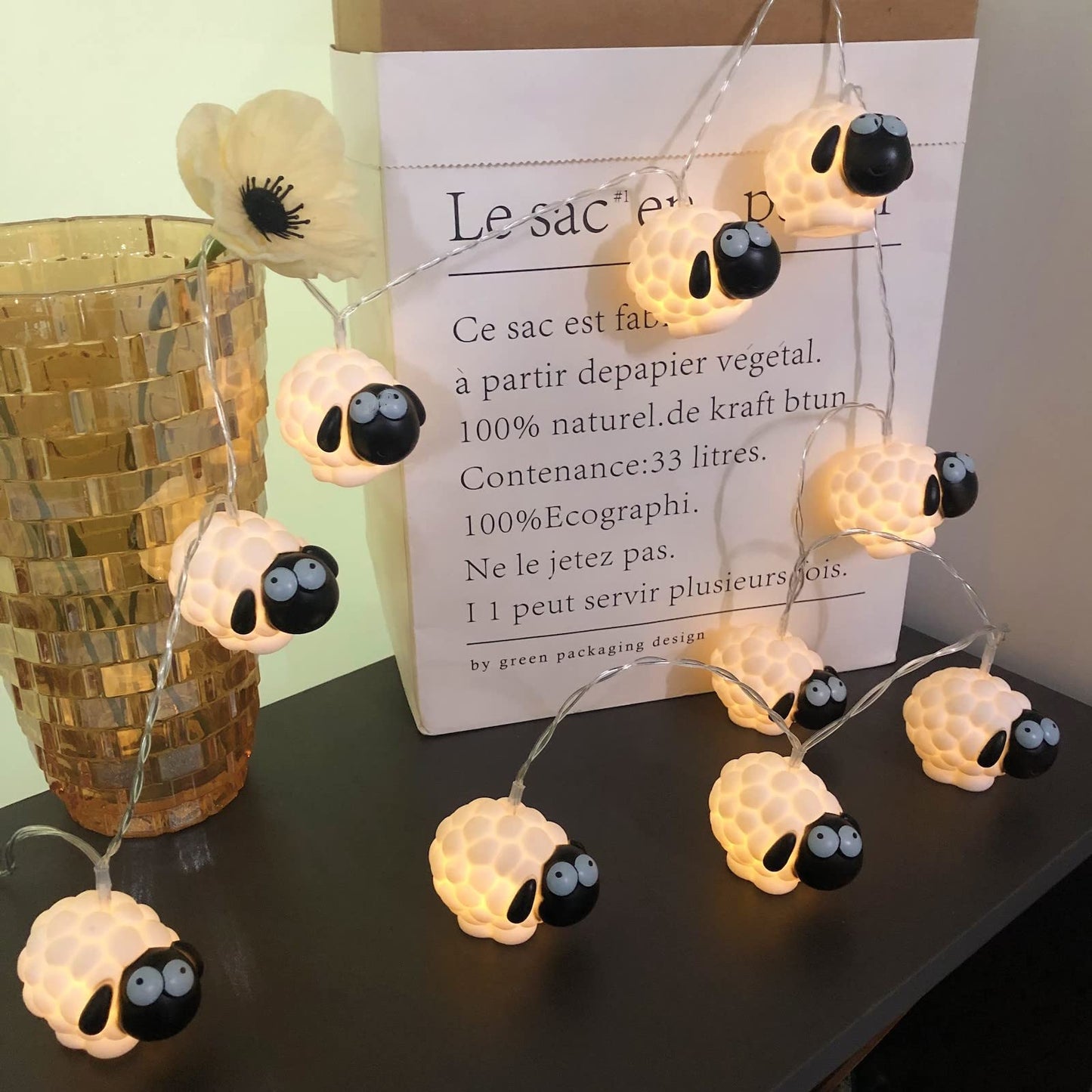 Sezrgiu Cute Painted Sheep Night Light LED Sheep Ornaments String Lights Black Sheep Fairy Light Battery Powered Indoor Outdoor Party Decor Night Light (10LED, Black Sheep)