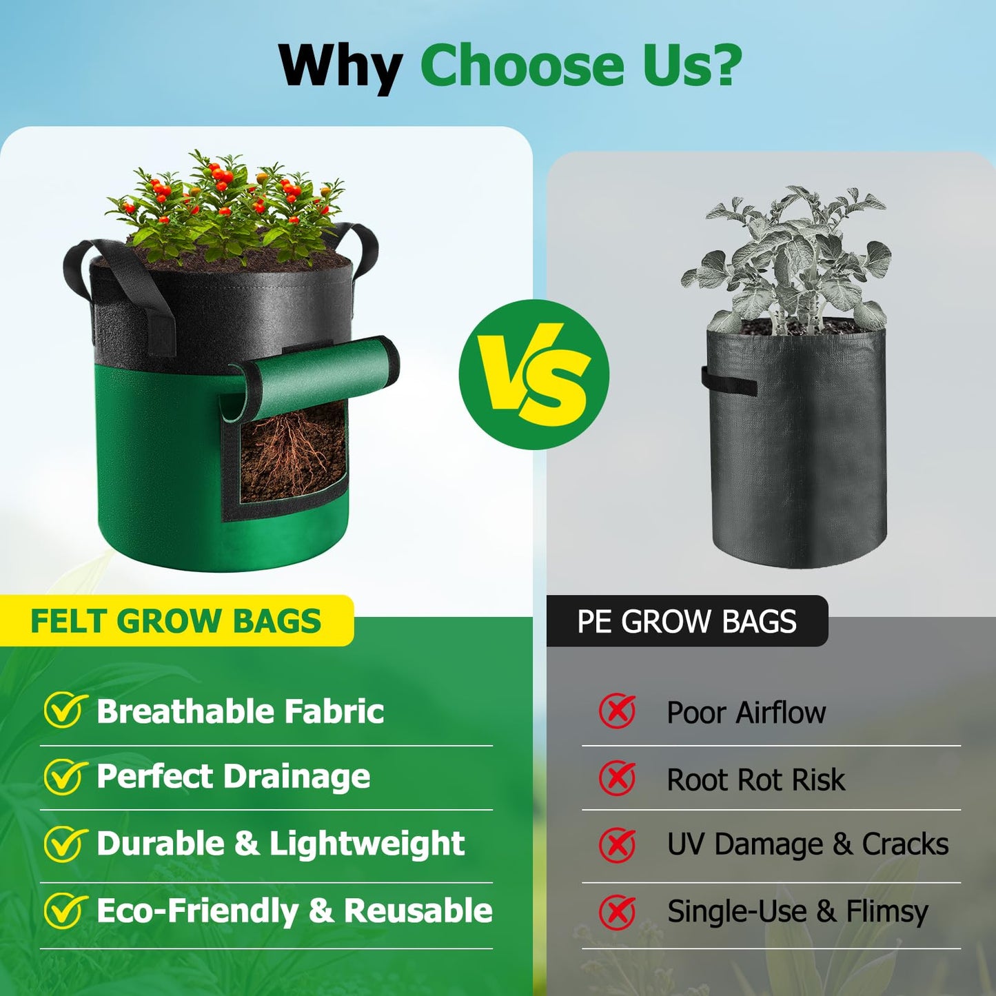 Xpatee 6 Pack Potato Grow Bags with Flap, 15 Gallon Grow Bags for Growing Potatoes, Colorful Durable Fabric Garden Planter Pots with Harvest Window for Tomatoes Vegetables Fruit Flowers Herbs