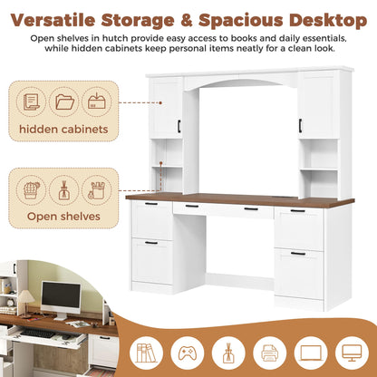 Merax Farmhouse Arched 67" Computer Desk with Power Outlets & Keyboard Tray, Wood Executive Home Office Desk with Hutch, Writing Desk with Storage Drawers for Working Study, White