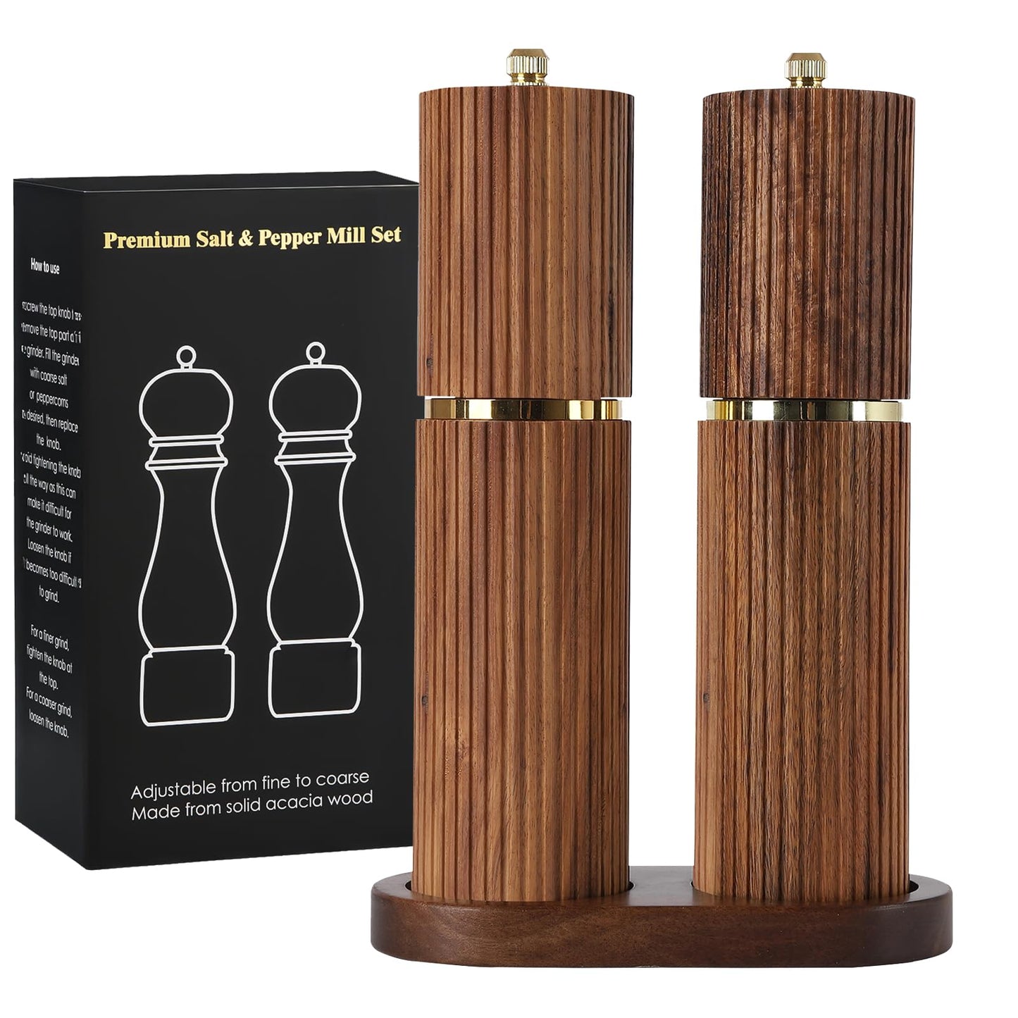 Wooden Salt and Pepper Grinder Set, Refillable Salt and Pepper grinder with adjustable Coarseness, Acacia Wood pepper mill manual, Salt and Pepper Shakers Matching Wooden tray-Ideal for Gifting