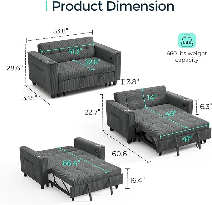 LINSY Sleeper Sofa Bed, Small 3 in 1 Convertible Loveseat Sleeper Couch