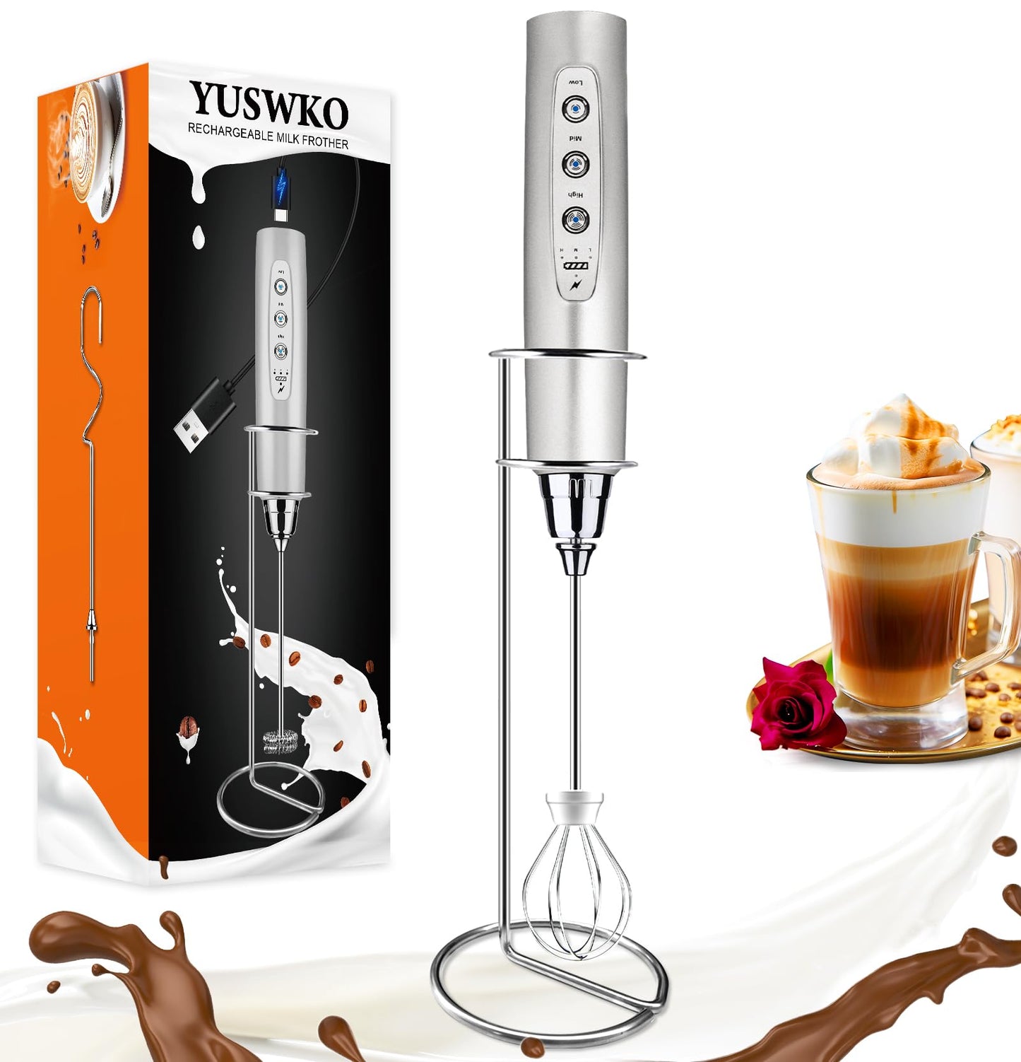 YUSWKO Black Handheld Milk Frother Wand for Coffee, Rechargeable Electric Whisk with 3 Heads 3 Speeds Drink Mixer Coffee Frother For Latte, Cappuccino, Hot Chocolate, Egg