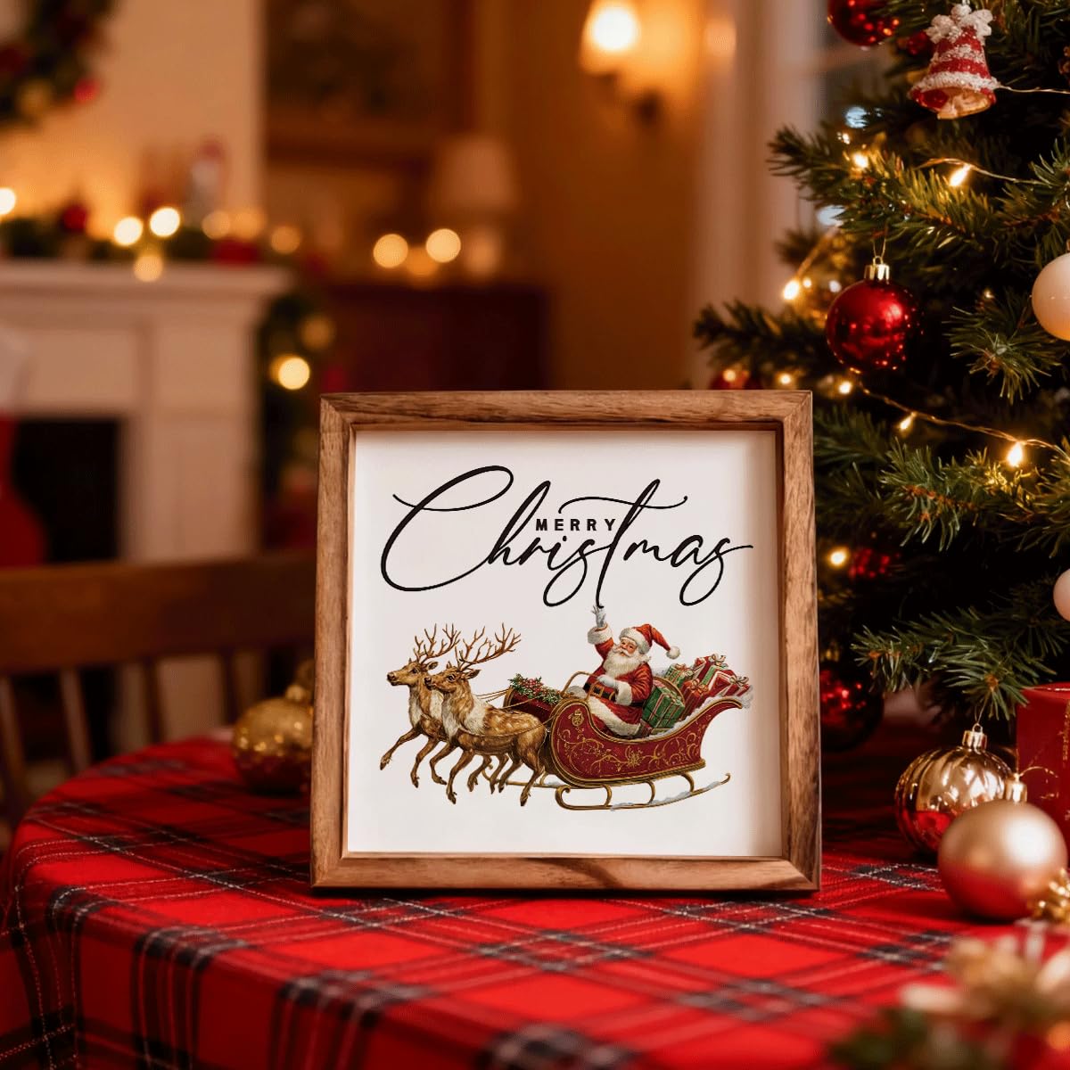 Christmas Wall Decor, Merry Christmas Santa Sleigh Wall Sign, Decorative Wooden Frame Decor, Farmhouse Holiday Art for Living Room Entryway, Framed MDF Hanging Decoration