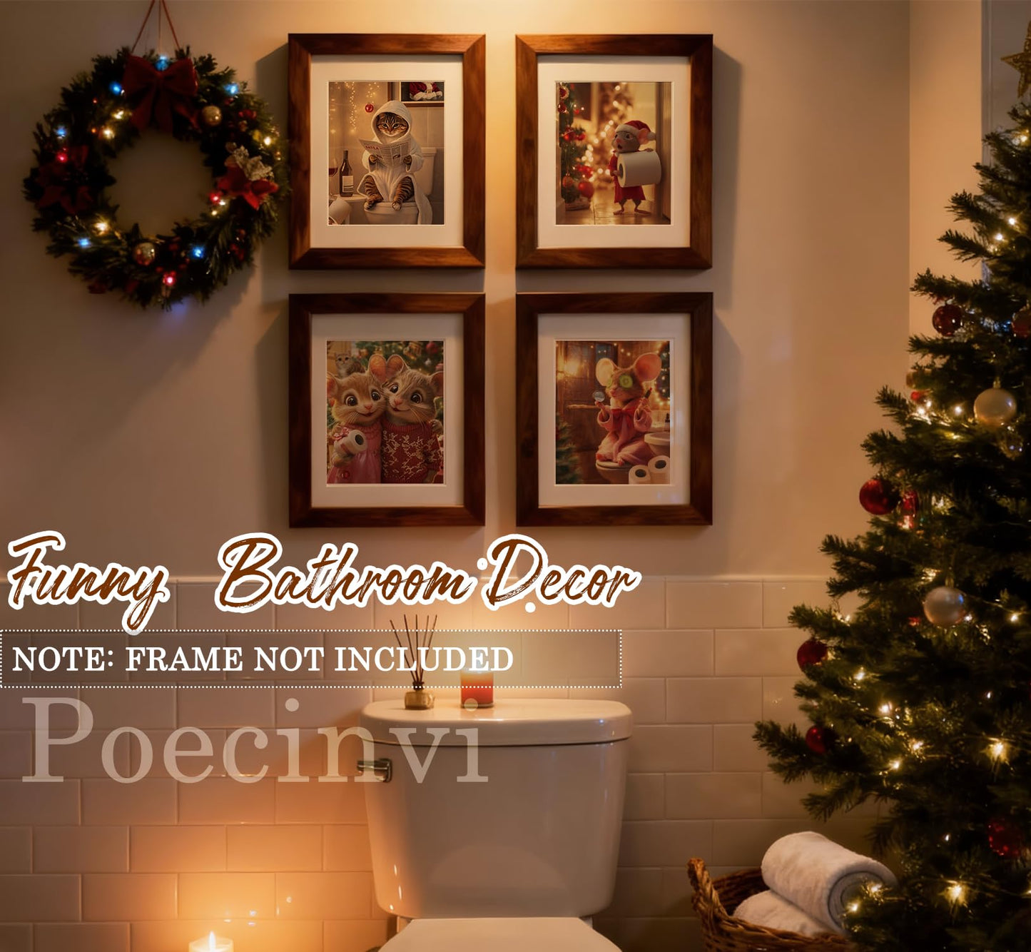 Poecinvi Funny Christmas Bathroom Wall Art Prints Set of 4, Christmas Bathroom Decor, Cute Cat Mouse Animal Xmas Posters Pictures Wall Decor for Kids Bath Room Washroom, 8x10 Unframed