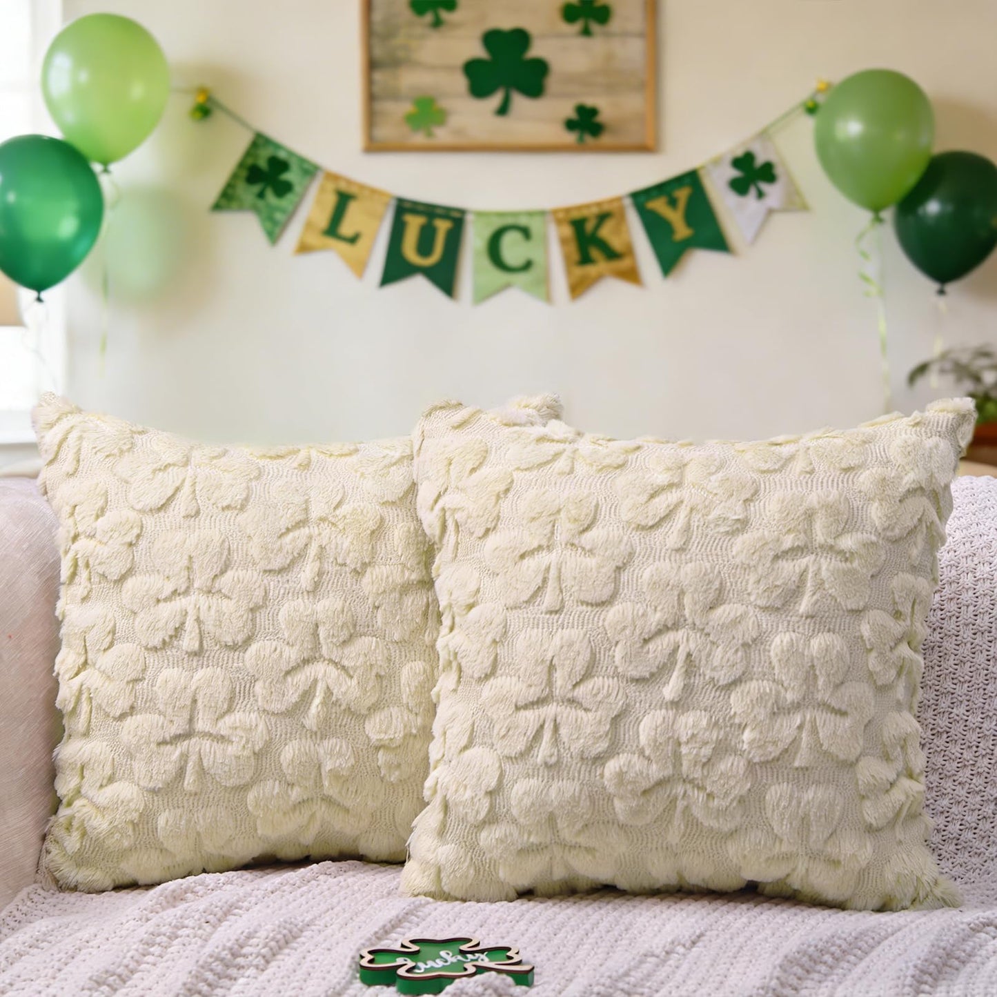 Heirloom Haven St Patrick’s Day Pillow Covers Set of 2,Beige Shamrock Irish Soft Plush Fluffy Faux Fur Jacquard Decorative St. Patrick’s Day Holiday Farmhouse Cushion Case for Sofa 18 x 18 Inch