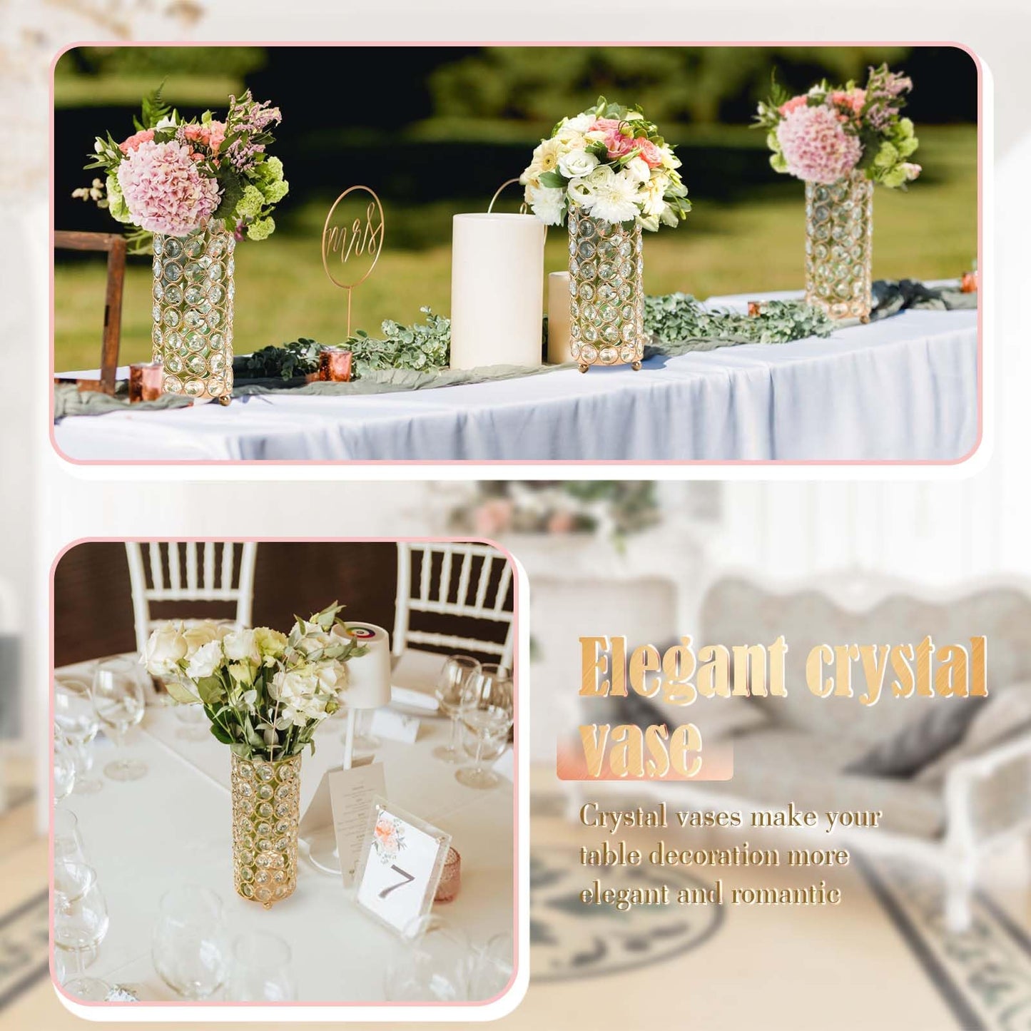 Elegant Crystal Column Vase/Candle Holder, Cylinder Flower Display Tabletop Centerpiece for Weddings & Home Decor (4, Gold)