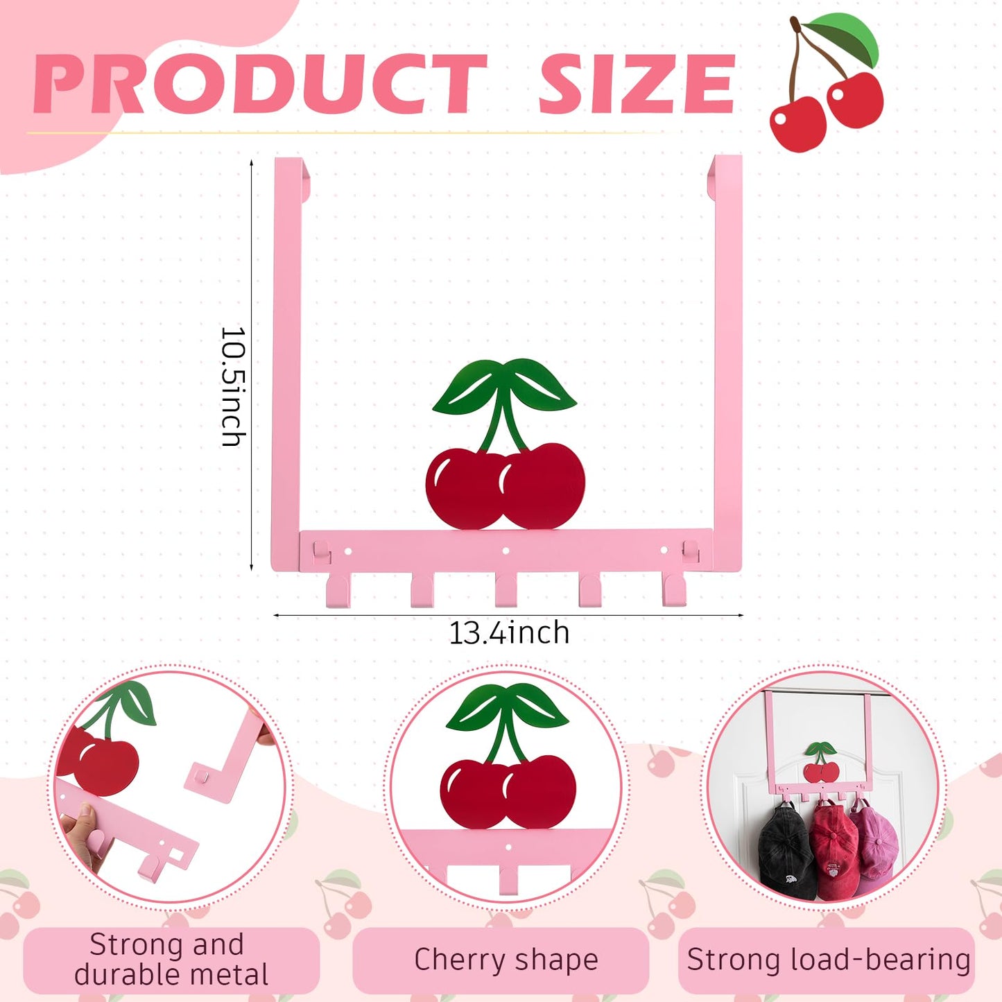 Reallnaive Cherry Over The Door Hooks Pink Cute Bathroom Decor Hanger Wall Mount Rack Holder for Towel, Hat, Coat, Cloth, Keychain, Bag, Home Organizer