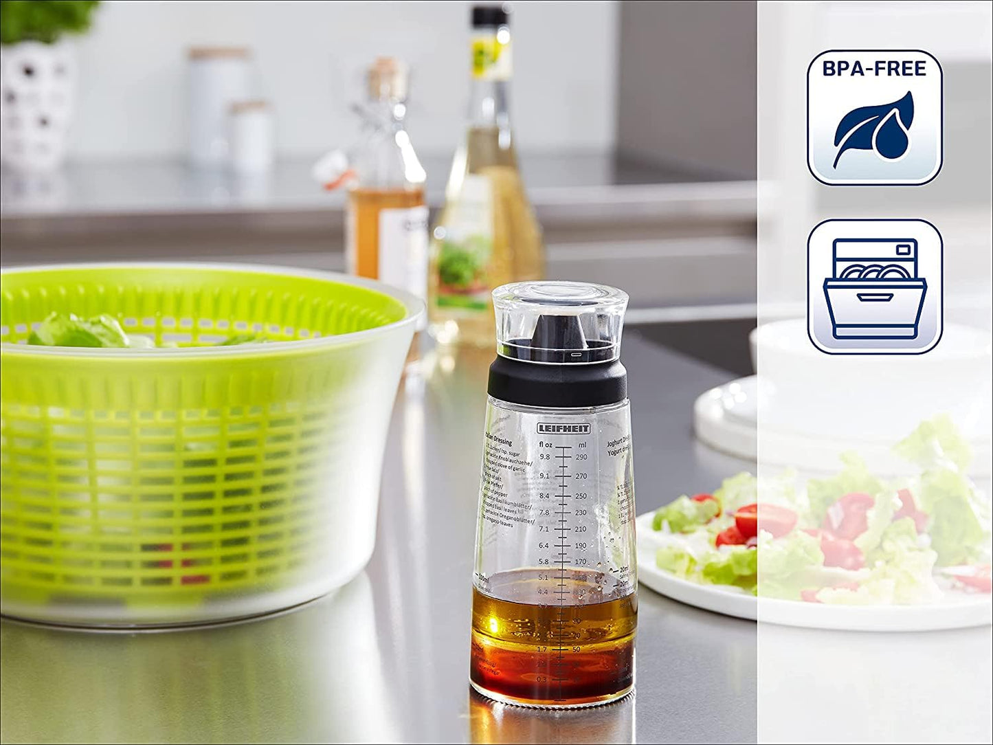 Leifheit Salad Dressing Shaker, 5 Imprinted Recipes, Glass Bottle, Non-Drip Spout, Dishwasher Safe, Black Transparent, 300 ml Measuring, Salad Dressing Pots, dressing maker