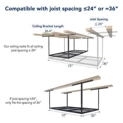 FLEXIMOUNTS 3x6 Overhead Garage Storage Adjustable Ceiling Rack 72" Length x 36" Width x 40" Height, 450lbs Weight Capacity, Black, Classic Series