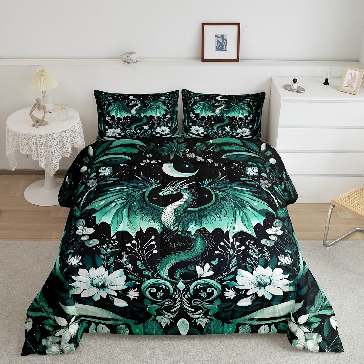 Feelyou Kids Dragon Comforter Set Twin Size, Green Dragon Bedding Set Dragon Lovers Comforter for Kids Boys Girls Boho Duvet Insert Room Decor 2Pcs