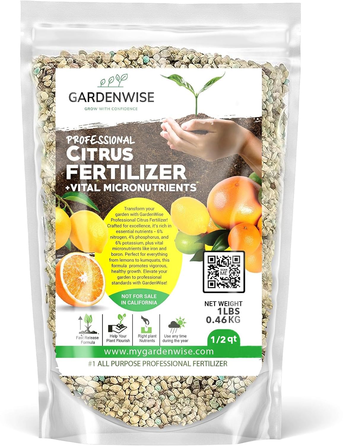 GARDENWISE Professional Citrus Fertilizer + Vital Micronutrients; Perfect Balanced NPK for All Citrus; for Indoor and Outdoor Plants; Orange, Lime, Avocado and Lemon Tree Fertilizer (1/2 Quart)