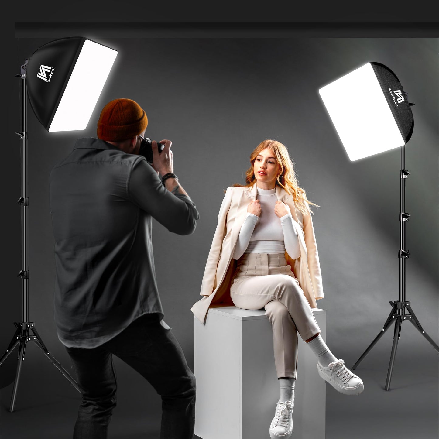 Softbox Lighting Kit, NiceVeedi 16'' x 16'' Softbox Photography Lighting Kit with 63” Tripod Stand & 5400K 450W Equivalent LED Bulb, Continuous Lighting for Photography/Video Record/Live Streaming