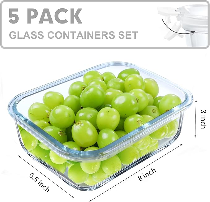 VERONES 5 Pack 36 OZ Glass Meal Prep Containers, Airtight Glass Lunch