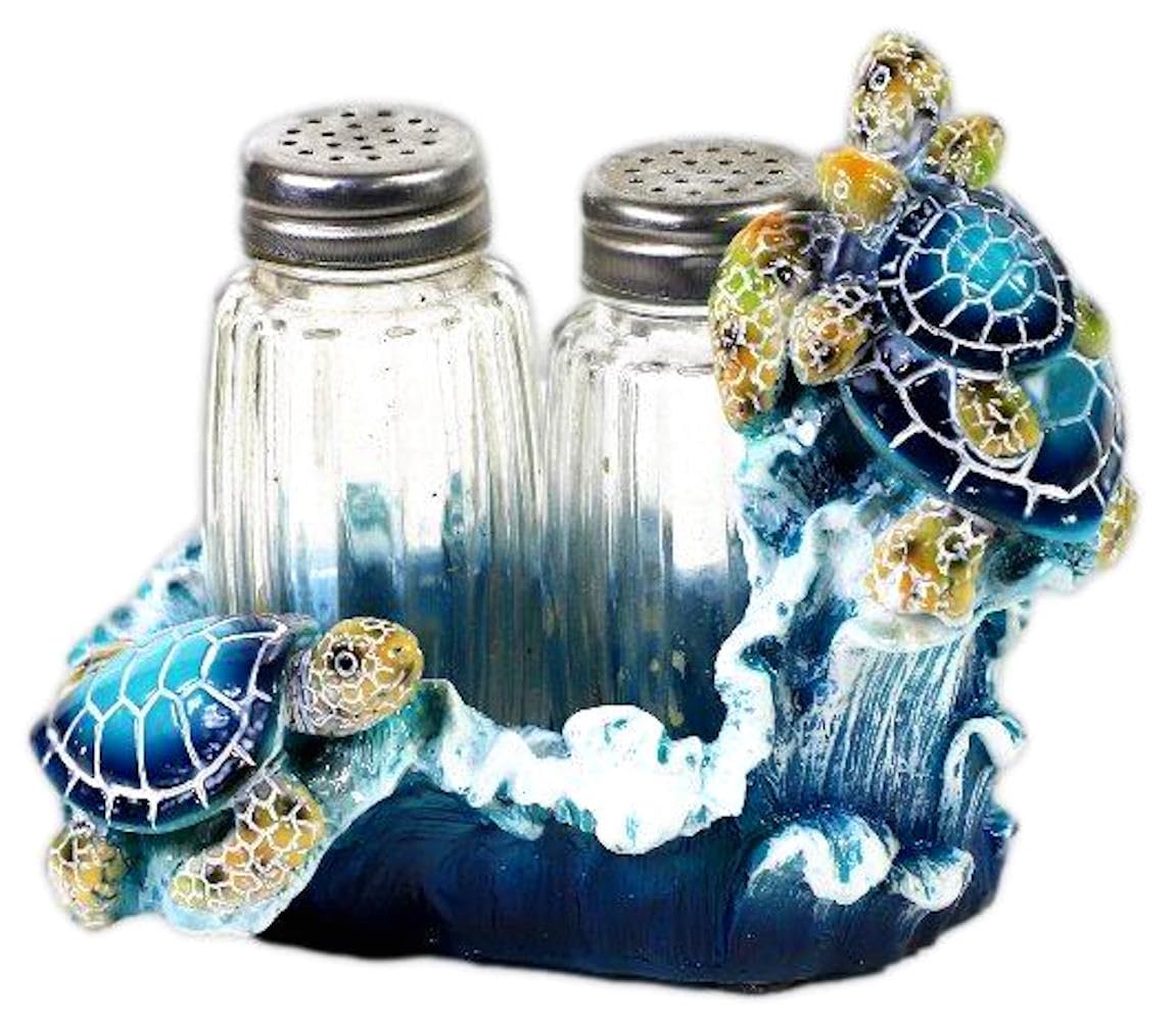 The Bridge Collection 4" Ocean Sea Turtles Salt and Pepper Shaker Holder Set - 3 Piece Set - Turtle Kitchen Items - Fun Salt and Pepper Shakers for Coastal, Nautical, or Beach House Decor