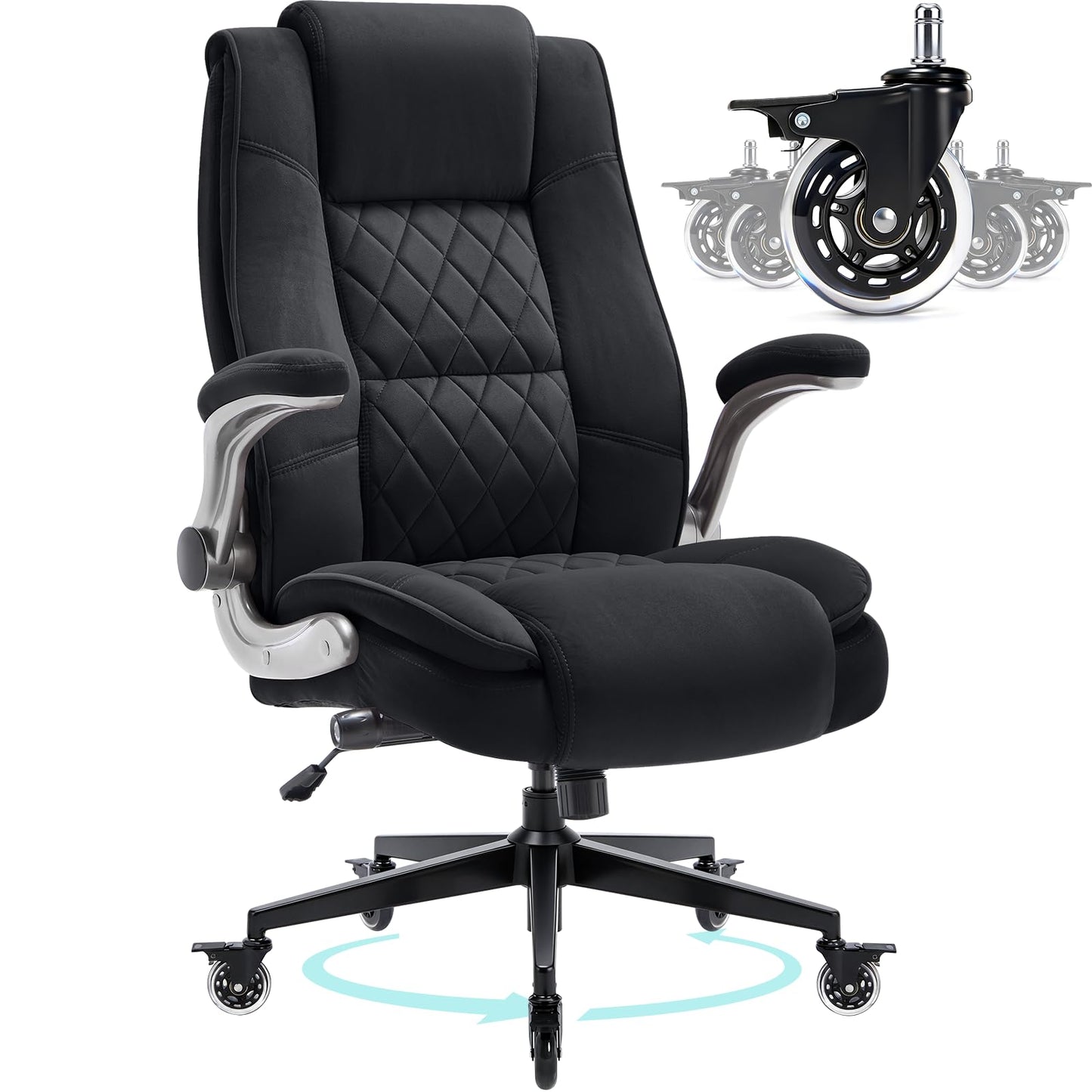 Fabric High Back Office Chair with Lockable Quiet Casters, Thick Padded Ergonomic Computer Chair- Adjustable Lumbar Support & Flip-Up Arms, Wide Executive Desk Chair for Back Pain, 400LBS Capacity