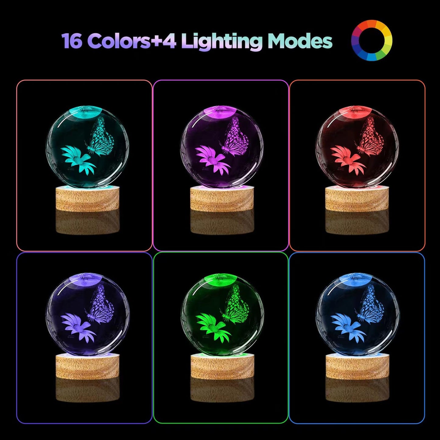 Huntalg 3D Butterfly Crystal Ball Night Light with 16 Colors and 4 Modes, Upgraded K9 Crystal, 3.15 Inch Butterfly and Flower Figurines, Remote Control, Gift Box