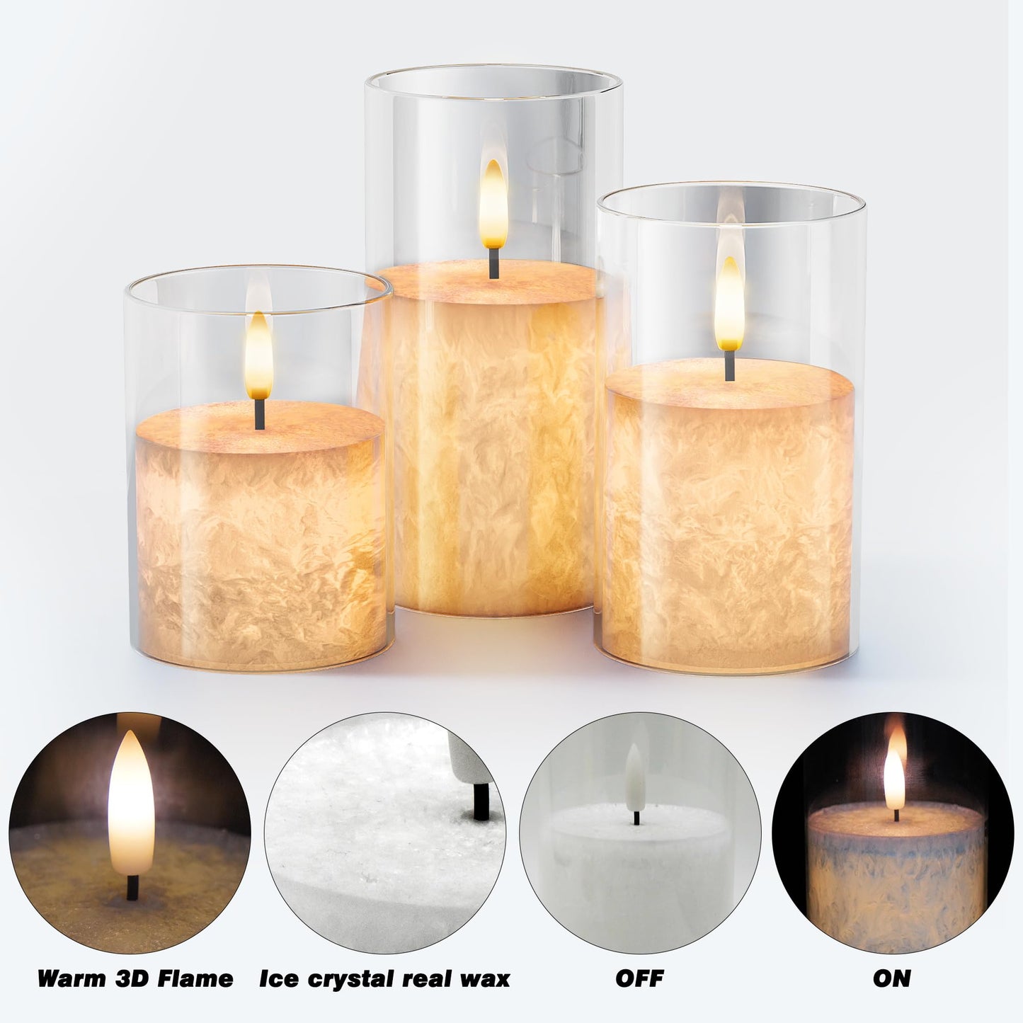 VIODAIM Ice Crystal Real Wax Glass Flameless Candles with Remote & Timer, Battery Operated Candles with Warm Flickering Flame, Realistic LED Candle for Wedding Home Decor [D3×H4/5"/6"] Clear, 3Pack