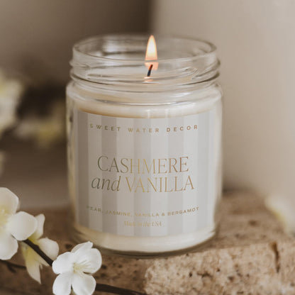 Sweet Water Decor Cashmere and Vanilla Patterned Candle – Soy Candles with Coconut, Bourbon Vanilla, Cashmere, Sandalwood, Musk – 40 Hour Burn – 9oz Clear Glass Jar – Luxury Spring Candle