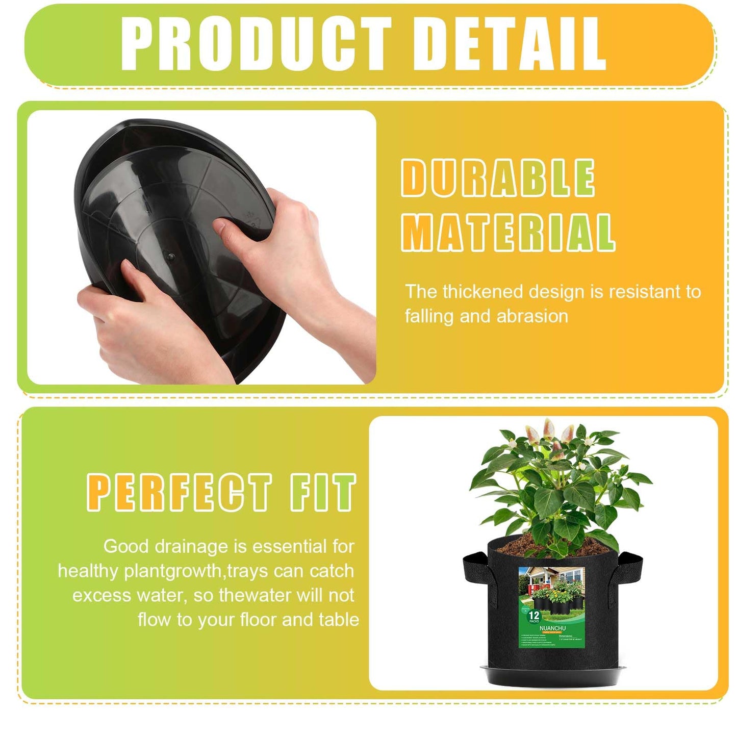 Funnymoom 12 Sets 2 Gallon Grow Bags with Plant Saucers, Durable Fabric Plant Pots with Handles, Aeration Drainage Planter Bags for Planter, Reusable Garden Bags Drip Trays Set for Indoor Outdoor