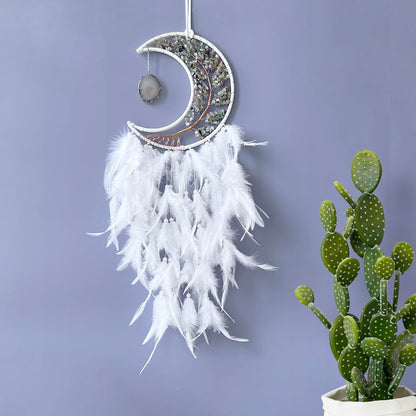 Moon Dream Catchers with Chakra Gemstone Agate Stone, Crystal Tree Life Dream Catchers Wall Hangings Room Decor (White)
