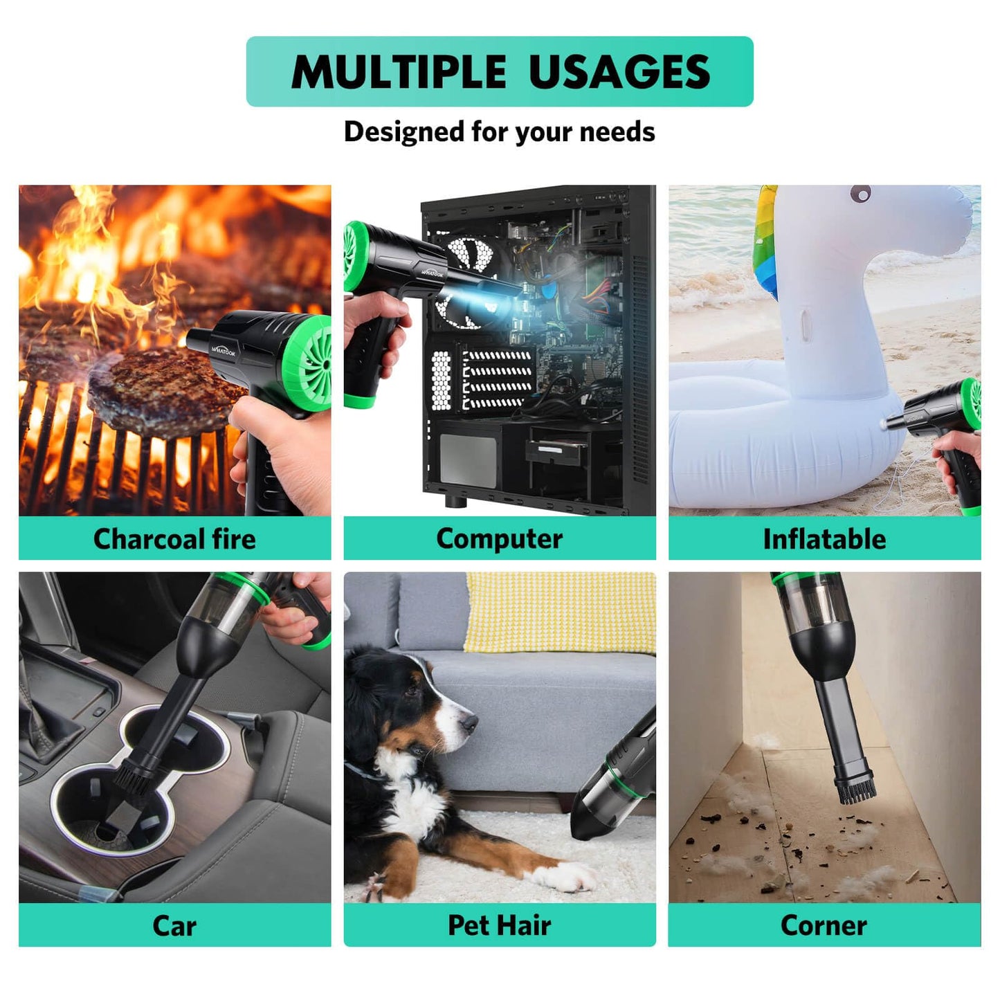 2-in-1 Computer Vacuum Cleaner，Compressed Air Duster Blower，100000 RPM & 10 Kpa Cordless Car Hoover, Portable Handheld Keyboard Cleaner Kit for PC Computer Desk Dust Cleaning，Green