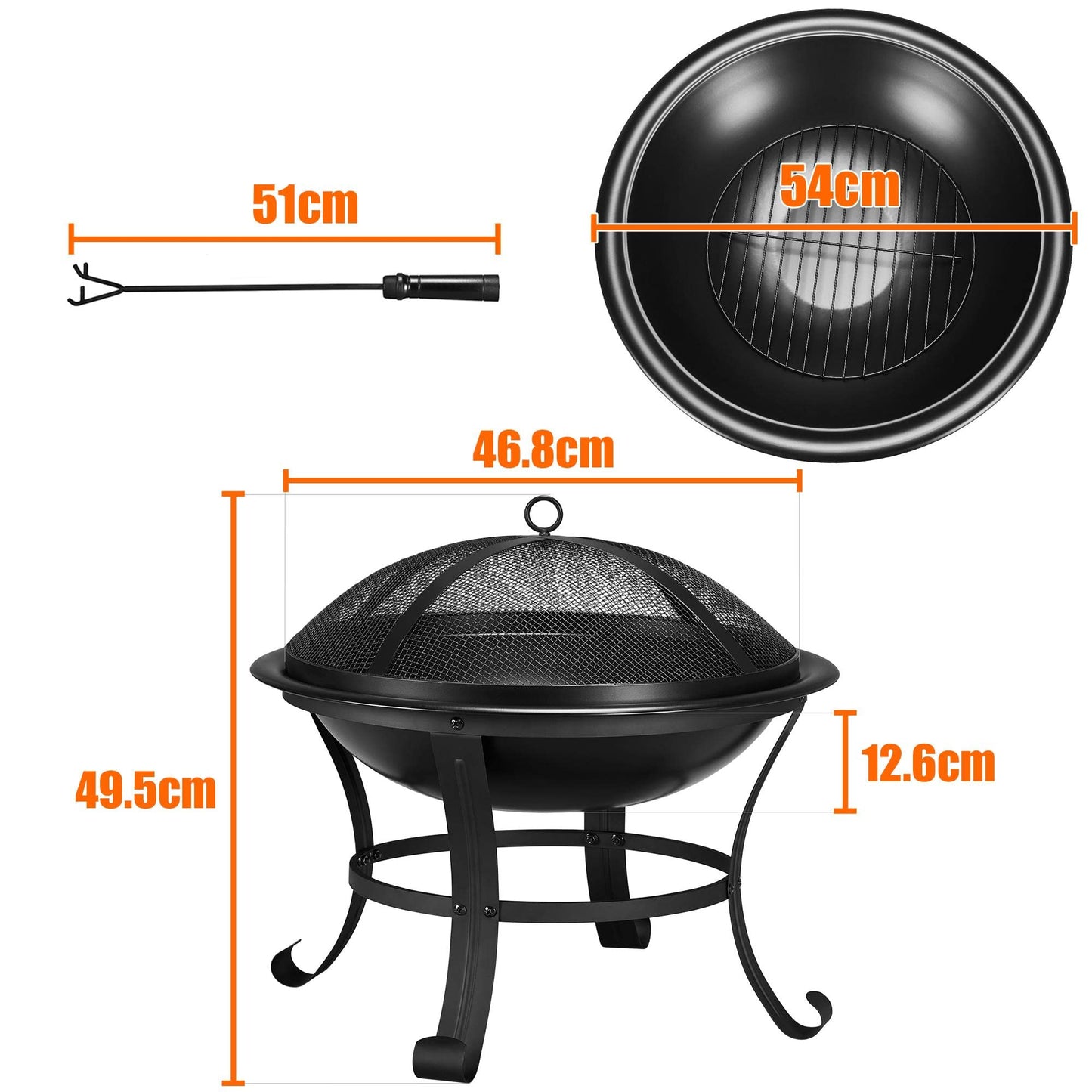Yaheetech Round Steel Fire pit for Garden Fire Bowl Outdoor Fire Pit Charcoal Log Wood Burner Patio Heater with Mesh Screen Cover & Poker for Camping Bonfire Picnic