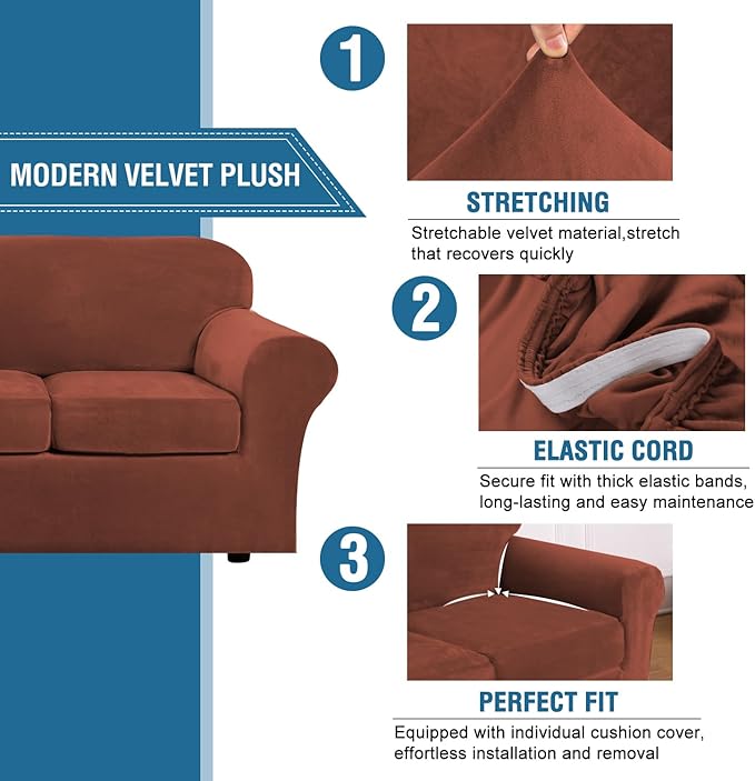 H.VERSAILTEX Real Velvet Plush 3 Piece Stretch Sofa Covers Couch Covers