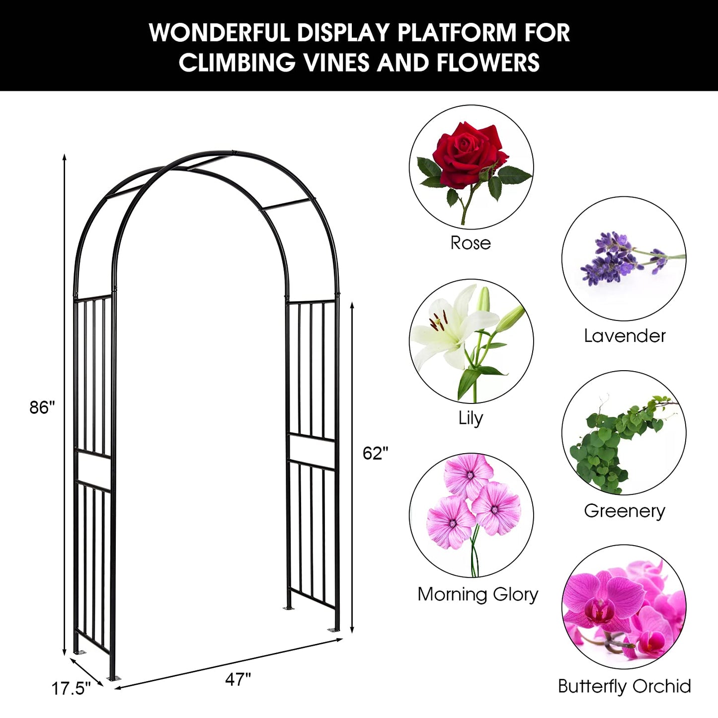 S AFSTAR Metal Garden Arch, 7.2ft/86 Outdoor Arbor for Various Climbing Plant Flower, Arch Trellis for Wedding Garden Bridal Party Festival Decoration, Easy-to-Assemble