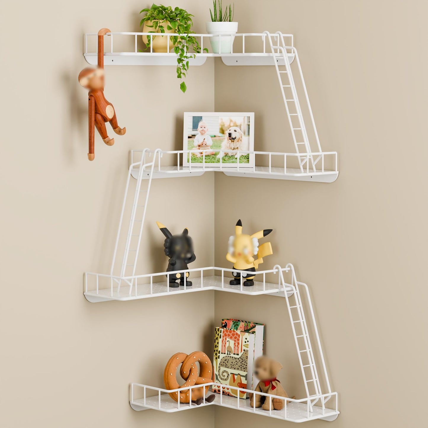 WOPITMER Fire Escape Wall Shelf - Modern City Style 4-Tier Corner Wall Shelves, Easy to Install Metal Ladder Shelf for Figures, New York Decorative Shelves for Bathroom, Living Room & Home Decor,White