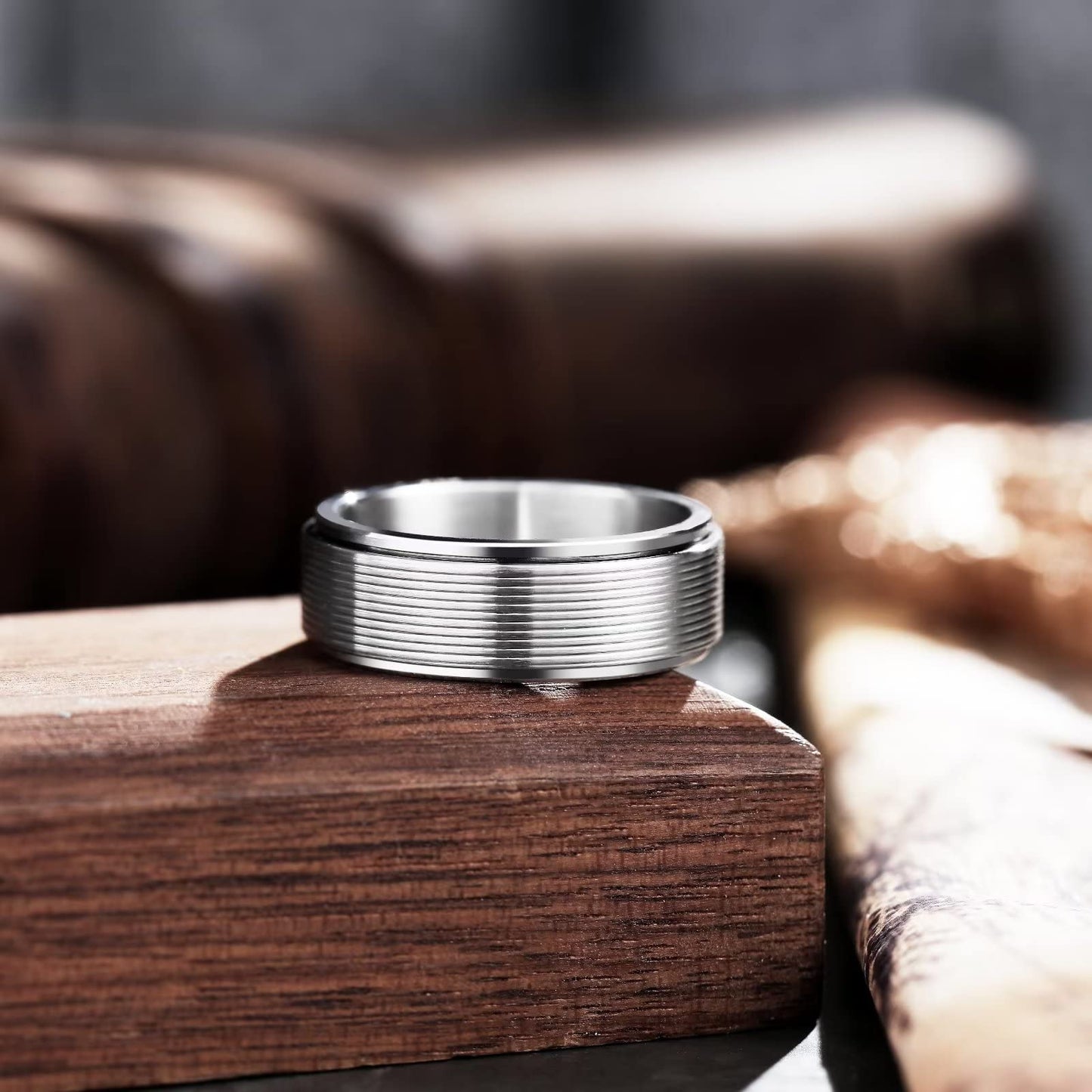 King Will Mens Silver 8mm Groove Spinner Rings Stainless Steel Anxiety Fidget Ring for Women Men Polish Thin Line Groove Wedding Band Fidget Ring Matte Brushed Comfort Fit 7