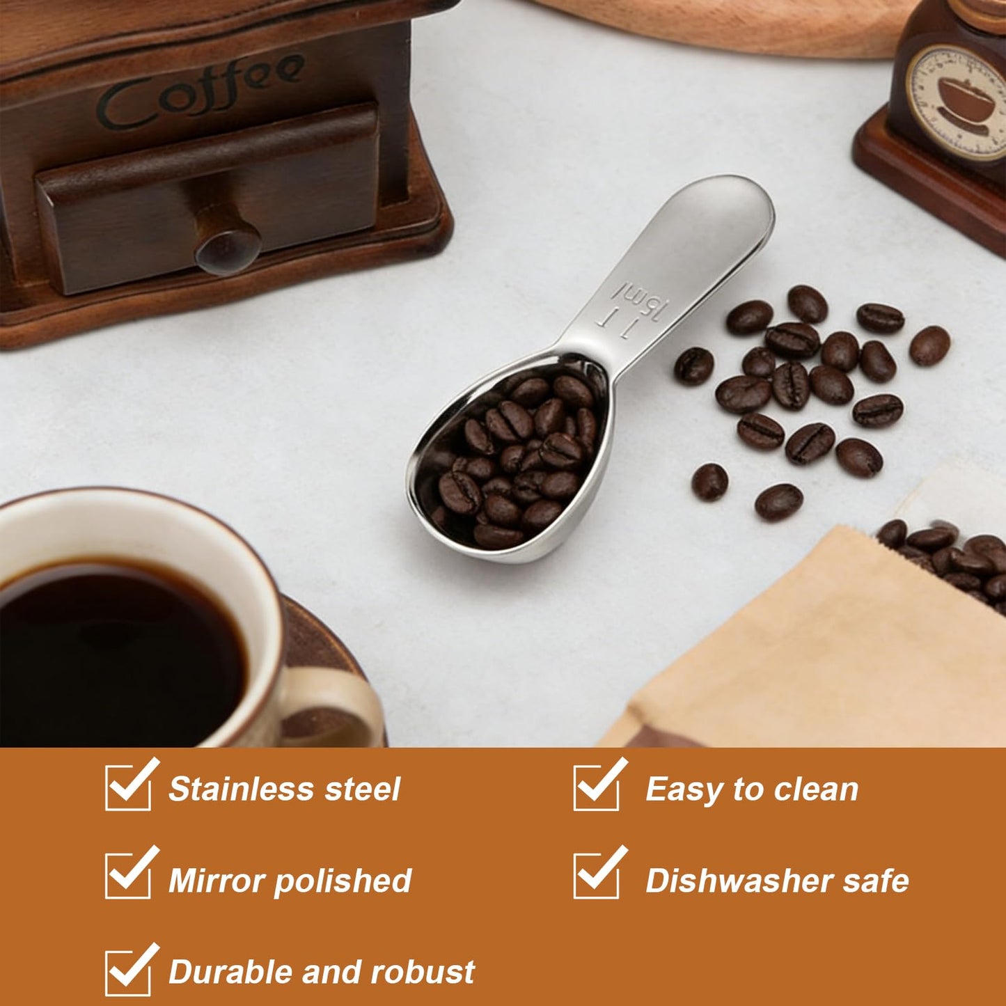 Houlishu 4 Pack 15ml (1 Tablespoon) 304 Stainless Steel Coffee Scoop, Short Handle Measuring Spoon for Ground Coffee/Beans, Fits in Canisters (4)