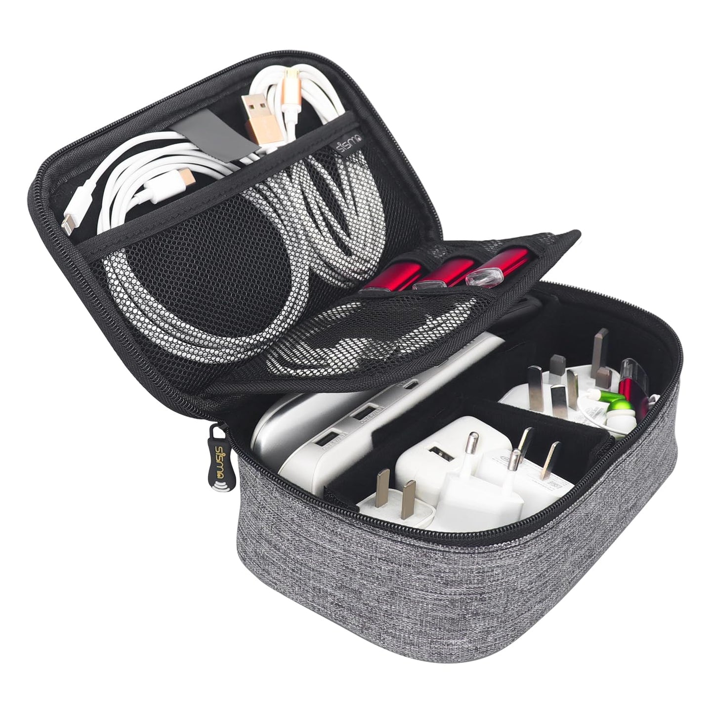 sisma Electronics Cords Organizer Tech Accessories Storage Case Travel Small Carrying Bag for Charging Cables Adapter USB Plugs Power Cord Leads - Grey 1680d