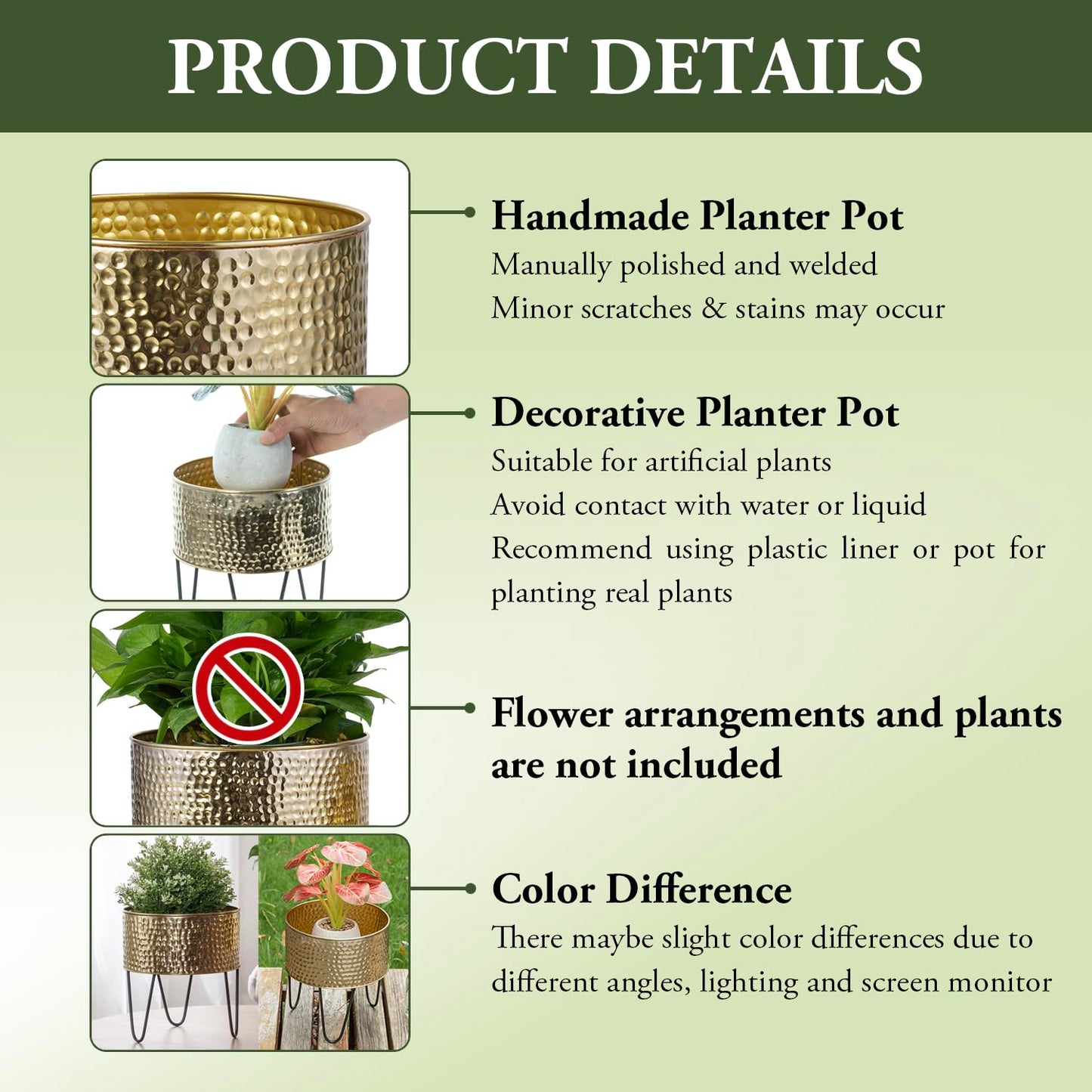 MyGift Modern Brass Tone Metal Planter Pots with Pebbled Texture, Hammered Plant Containers with Matte Black Wire Stands, 2 Piece Set, 8 and 10 Inch - Handcrafted in India