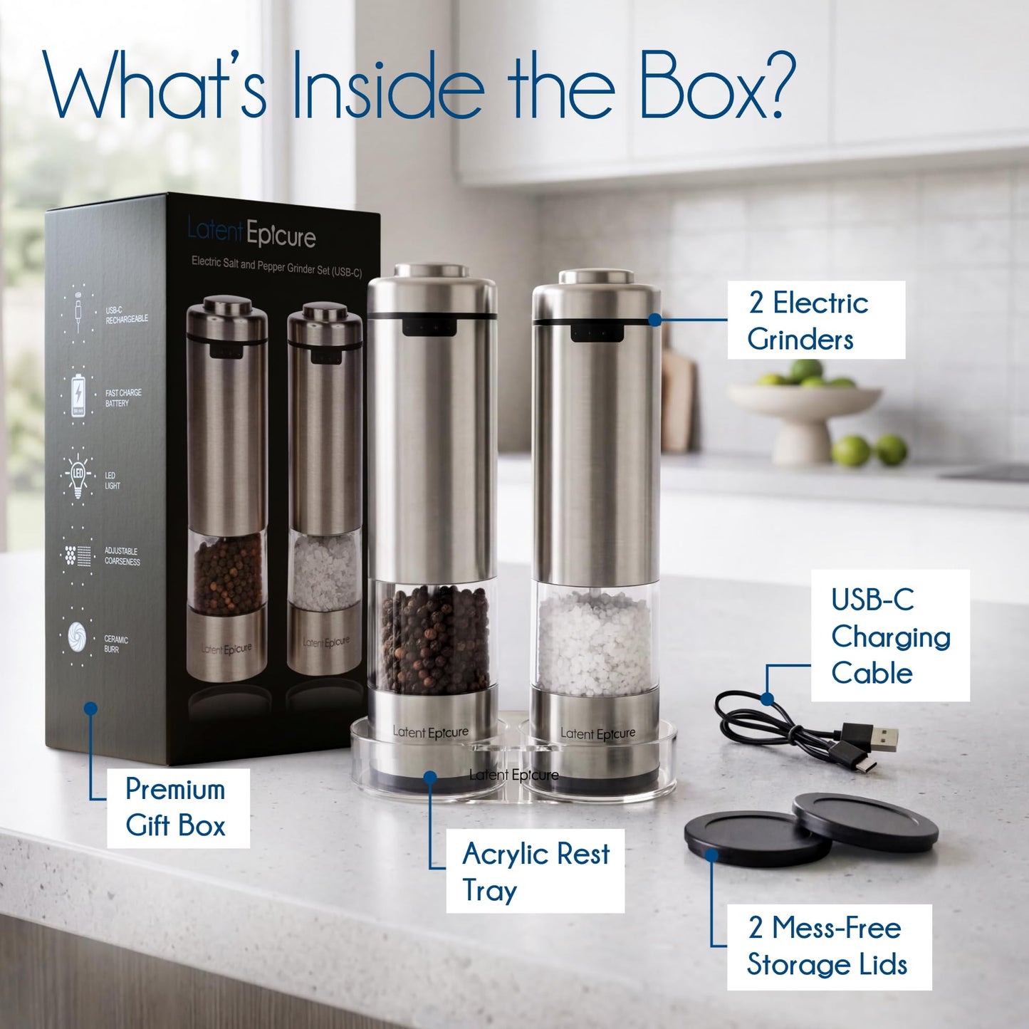 Latent Epicure Electric Salt and Pepper Grinder Set, USB-C Rechargeable Stainless Steel Mills with LED Light, Adjustable Ceramic Grinders and Acrylic Mill Rest Tray