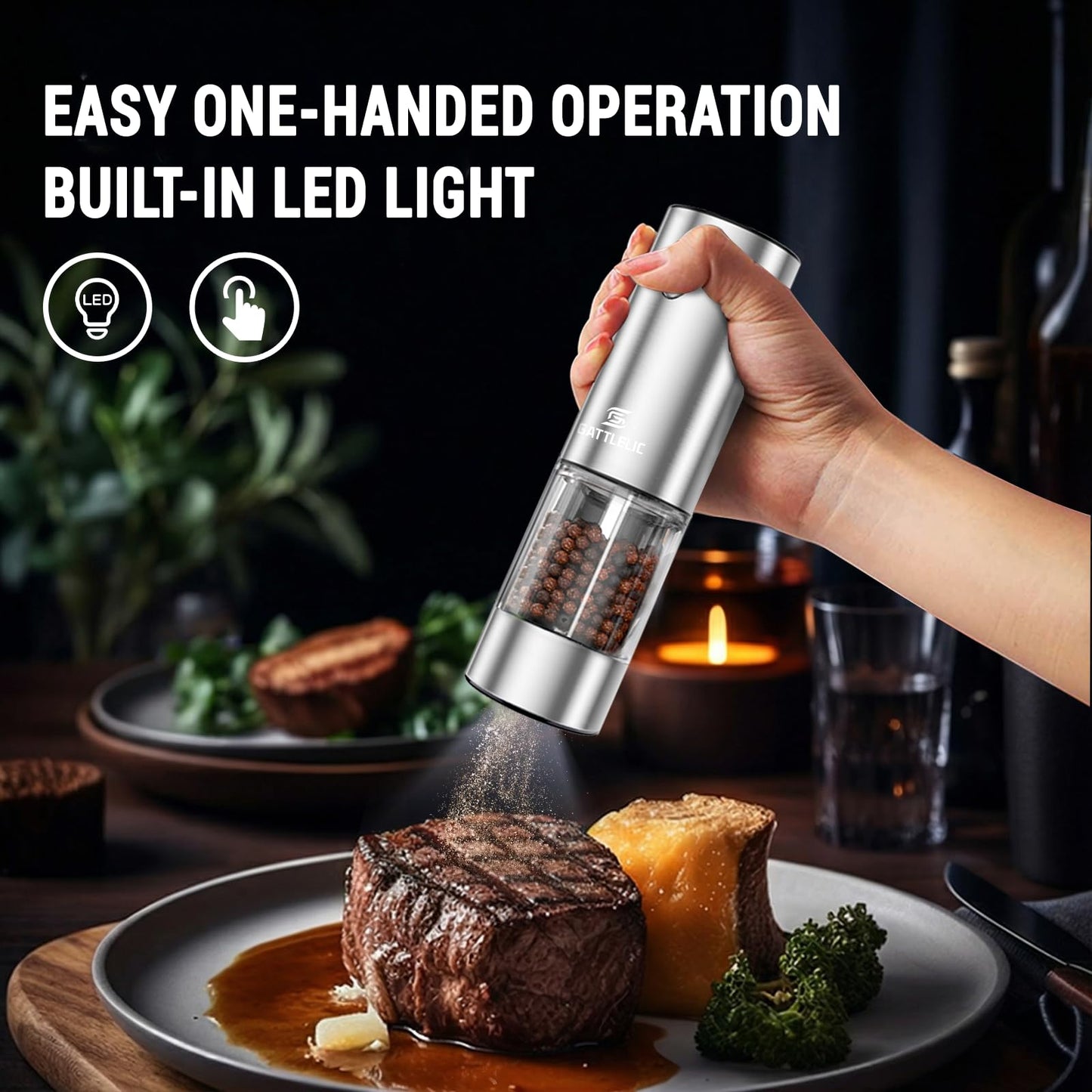 Electric Salt and Pepper Grinder Set, Automatic Pepper Mill Grinder w/Upgraded Charge Base and LED Light,Adjustable Coarseness,Rechargeable Black Peppercorn & Sea Salt Spice Mill Set