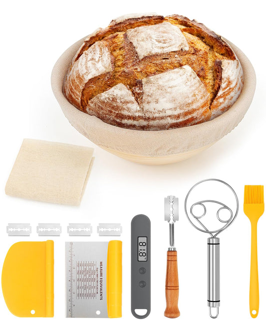 CODOGOY Banneton Bread Proofing Basket, Sourdough Bread Baking Supplies, Sourdough Starter Kit with 9" Round Proofing Basket, Food Thermometer, Spatula, Scraper, Dough Whisk