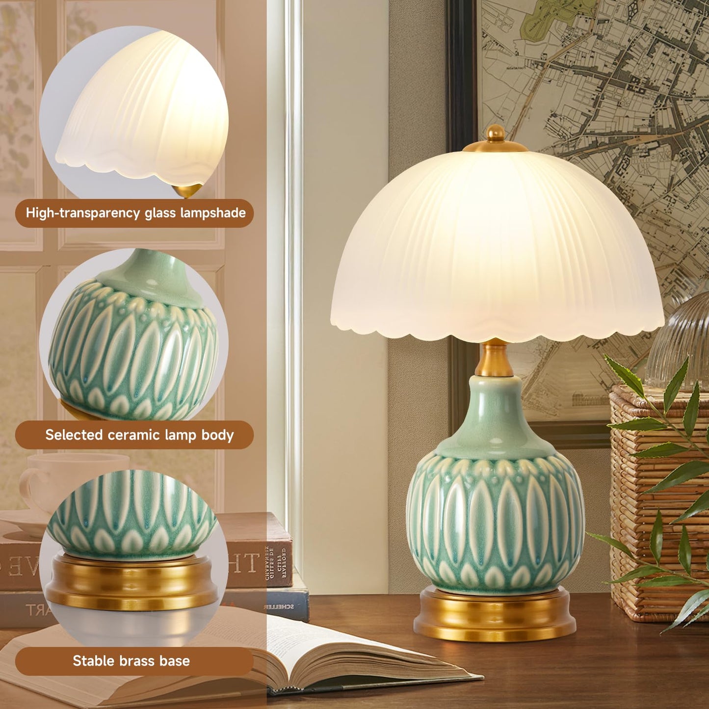 WELAISA Table Lamps Ceramic Retro Lamp for Living Room,15.7" Modern Bedside Nightstand Traditional Lamps, Classic Chinoiserie Green Glass Lamp for Home (Retro)