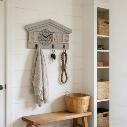 Farmhouse Battery Operated Wall Clock with Hooks Rustic Wooden Entryway Organizer with 3 Metal Hooks Key Hanger HOME letters Silent Quartz Clock Key Holder Wall Decor for Entryway Kitchen, Living Room