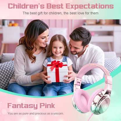 QearFun Kids Headphones Wired with Mic, 85/94dB Safe Volume Limit, Foldable Over Ear, Tangle-Free Cord & Sharing Port, Wired On-Ear Headset for School, Chromebook, Tablet, Travel - Boys & Girls
