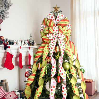 Christmas Tree Topper Wreath Bow Large Green Christmas Bow Tree Topper, 45"x13" Red Green Dot Polyester Gift Ribbon for Xmas Ornament Holiday Home Wedding Thanksgiving Indoor/Outdoor Decoration