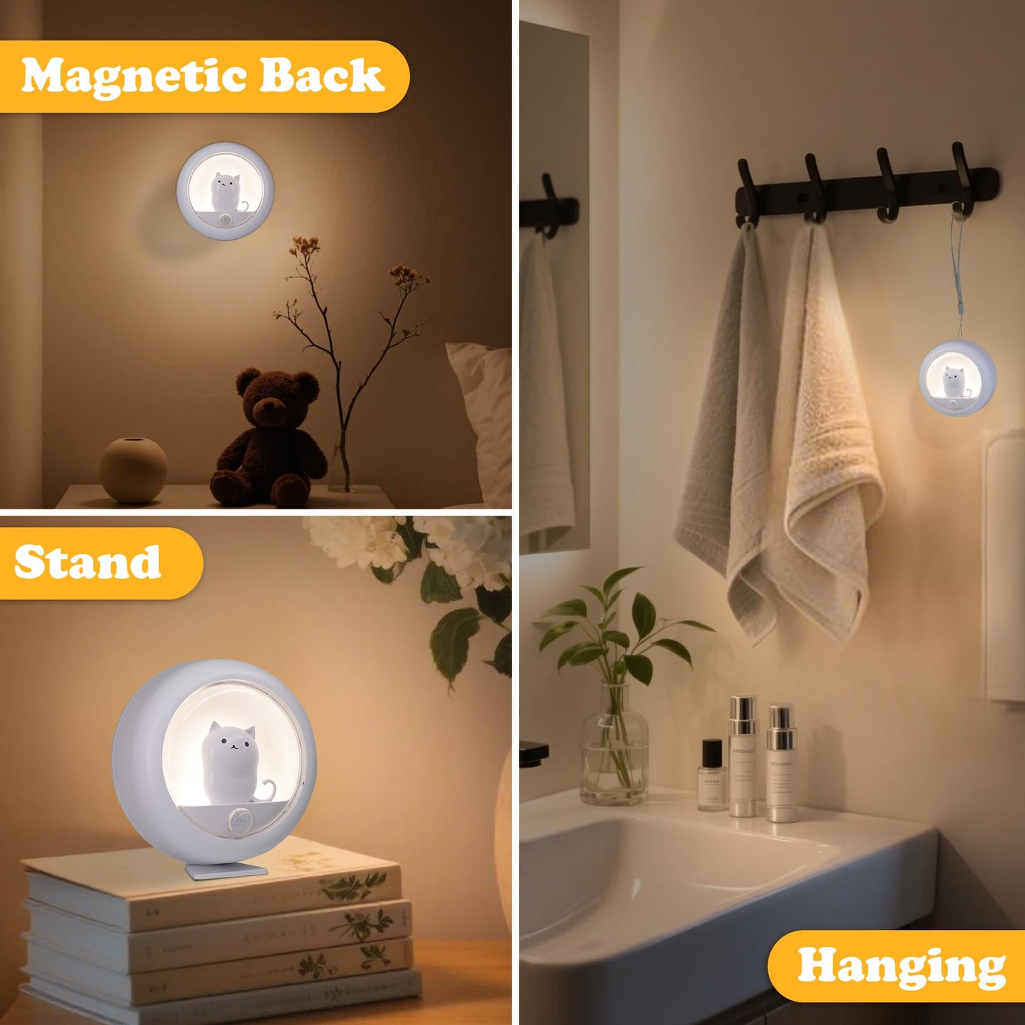 Attivolife Cat Magnetic Motion Sensor Light, Rechargeable Locker Night Lamp Dimmable, Warm White LED, Bedroom Hallway Stair Bathroom Kitchen