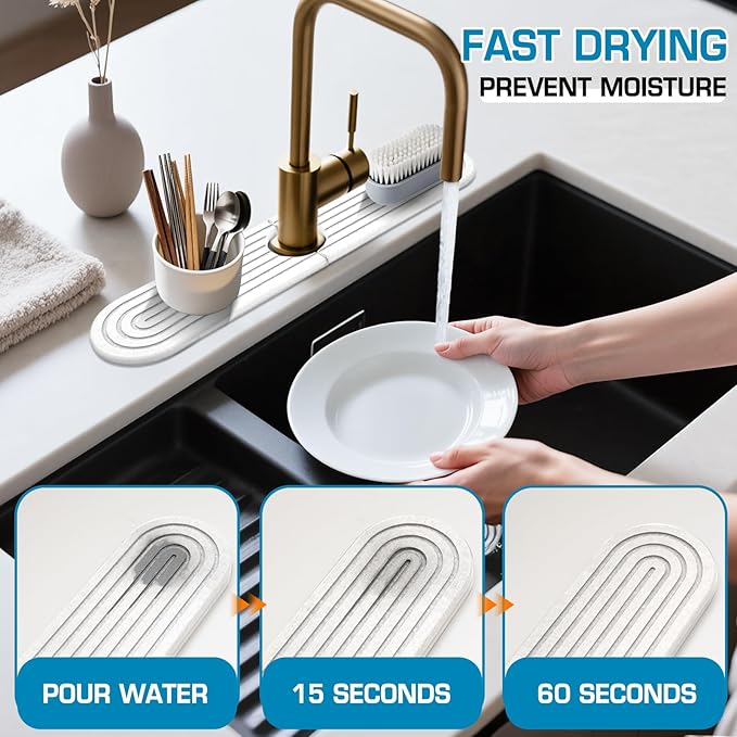White-Oval 15.7" Diatomite Kitchen Faucet Mat & Stone Sink Tray – Quick Drying