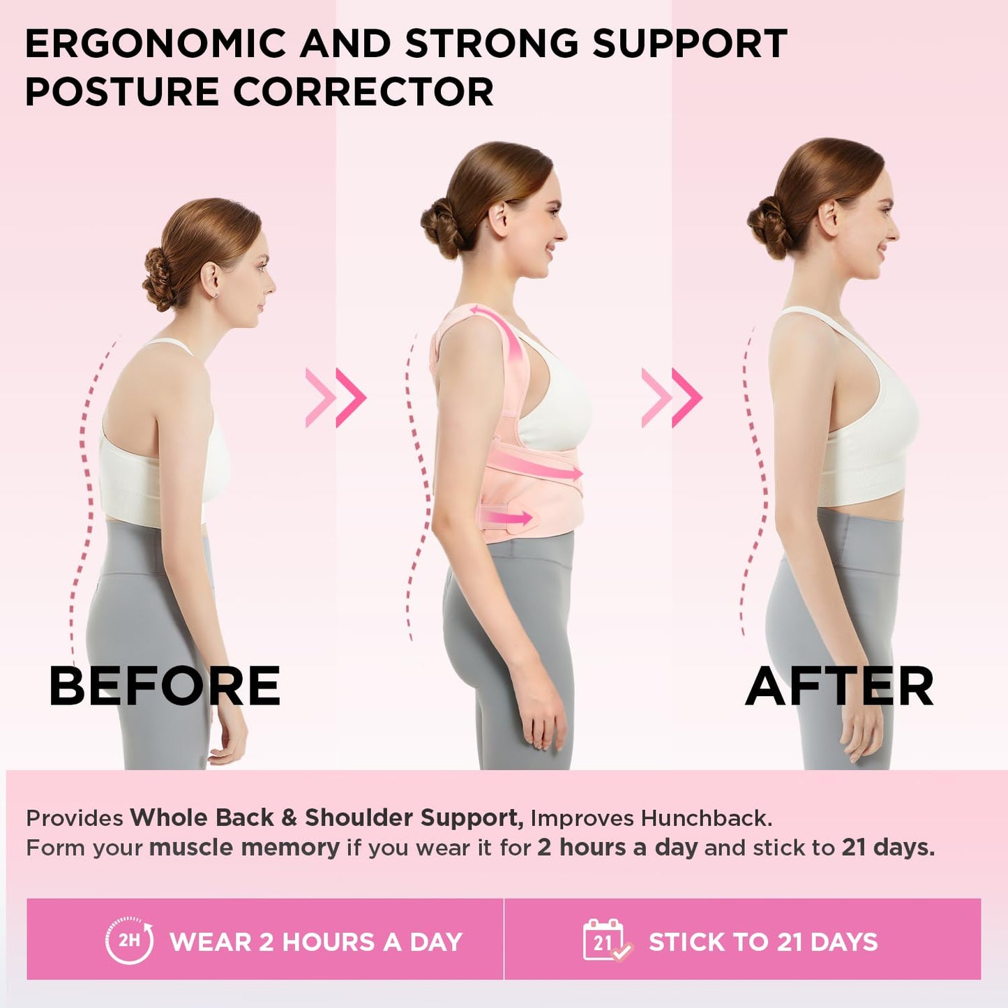 Vicorrect Posture Corrector for Women and Men: Back Support Brace Relieve Upper Back Shoulders Pain (Pink, Medium)