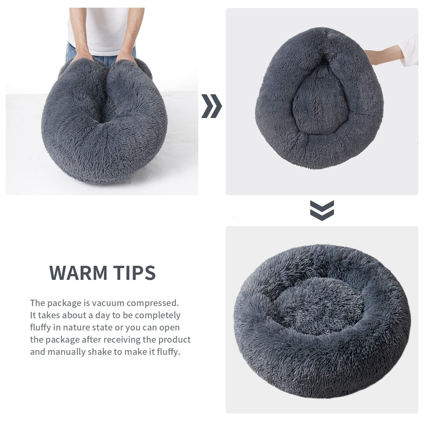YOJOGEE Calming Donut Dog Bed for Medium Small Dogs Cats, Fluffy Anti AnXiety Dog Beds Washable Puppy Bed Non-Slip Plush Cuddler Warming Round FauX Fur Pet Bed,Dark Grey,60*60cm